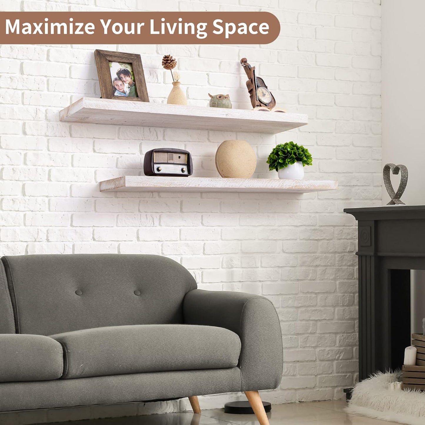 Axeman Floating Shelves for Wall, 8 Inch Deep Rustic Solid Elm Wood Wall Shelves for Storage, Wall Mounted Display Shelving with Invisible Heavy-Duty Metal Bracket, 36'' Width Set of 2, White Wash