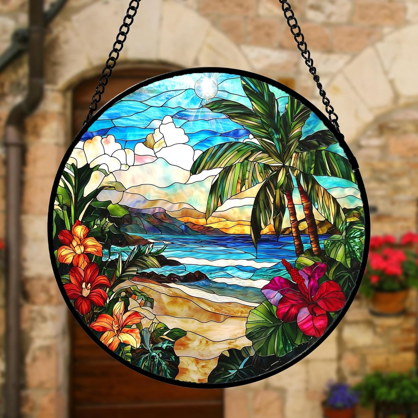 Stained Glass Window Hanging, Blue Beach Scenery Suncatcher Diamond Glass Panel Hangings Sun Catchers Decor for Birthday for Women, Men, Wife, Aunt, and Mom 9.8 in
