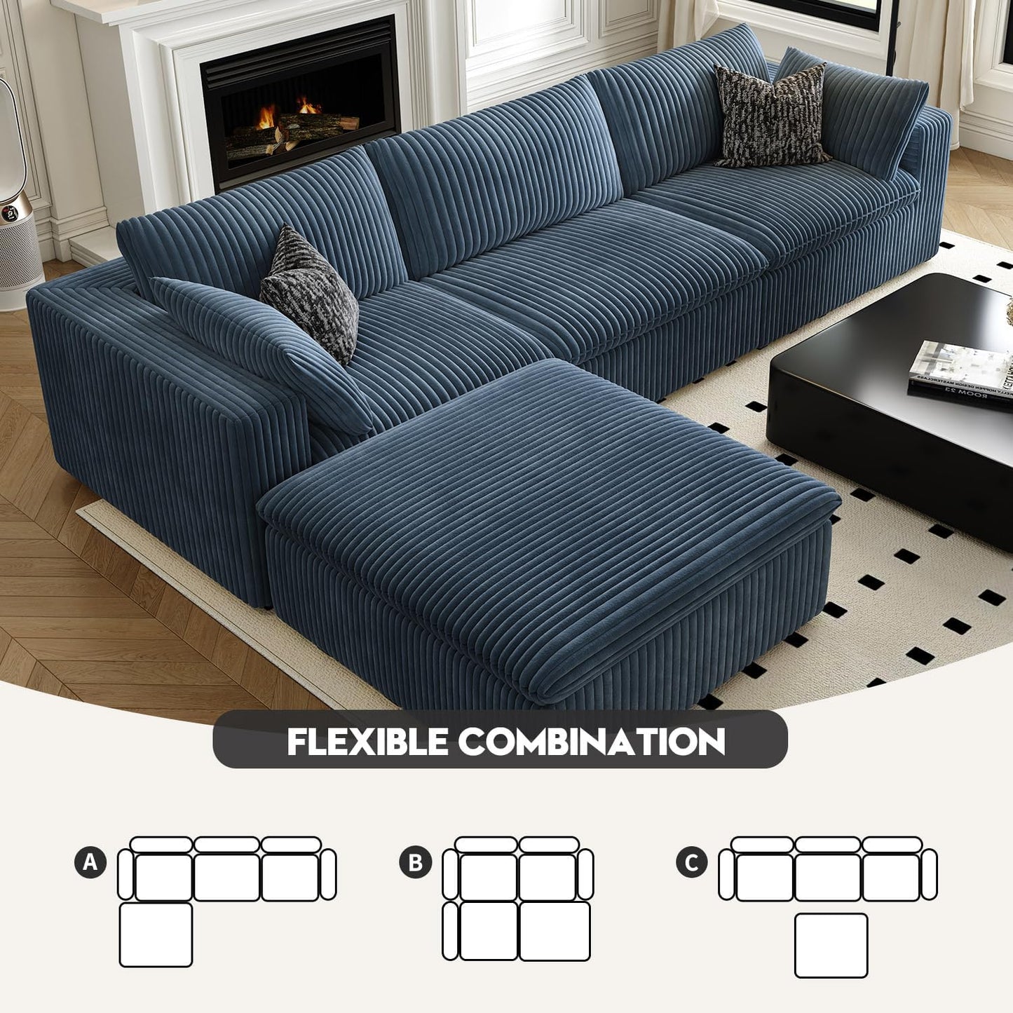118" Cloud Couch Modular Sectional Sofa for Living Room,Modern Sofa with Deep Seat,L-Shape Boneless Couch with Ottoman,Comfy Upholstered Corduroy Couches for Apartment, Studio, Office,Bedroom,Blue