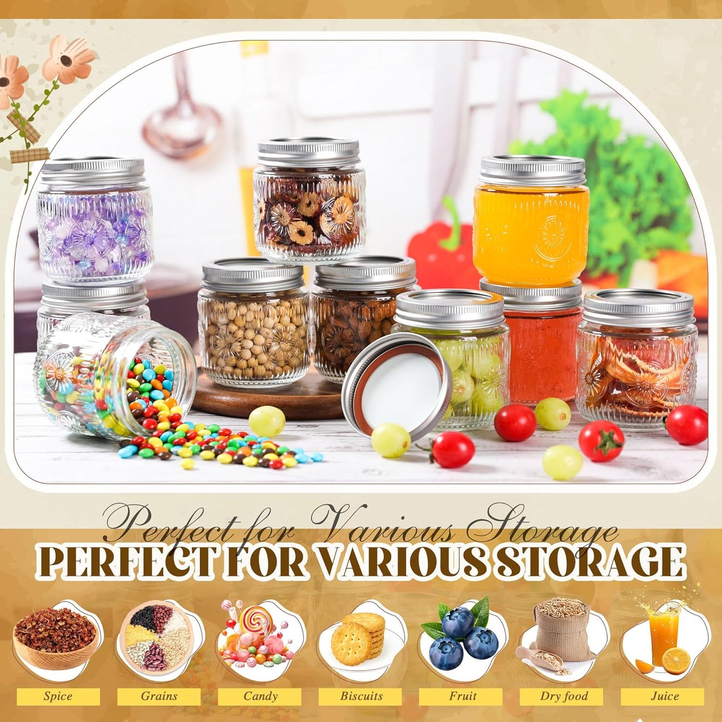 Mason Jars 8 oz - Vintage Small Glass Mason Jars with Silver Metal Lids, Regular Mouth Canning Jars, Safe For Storage, Canning, Pickling, Preserving, Fermenting, DIY Crafts & Decor (24Pack)