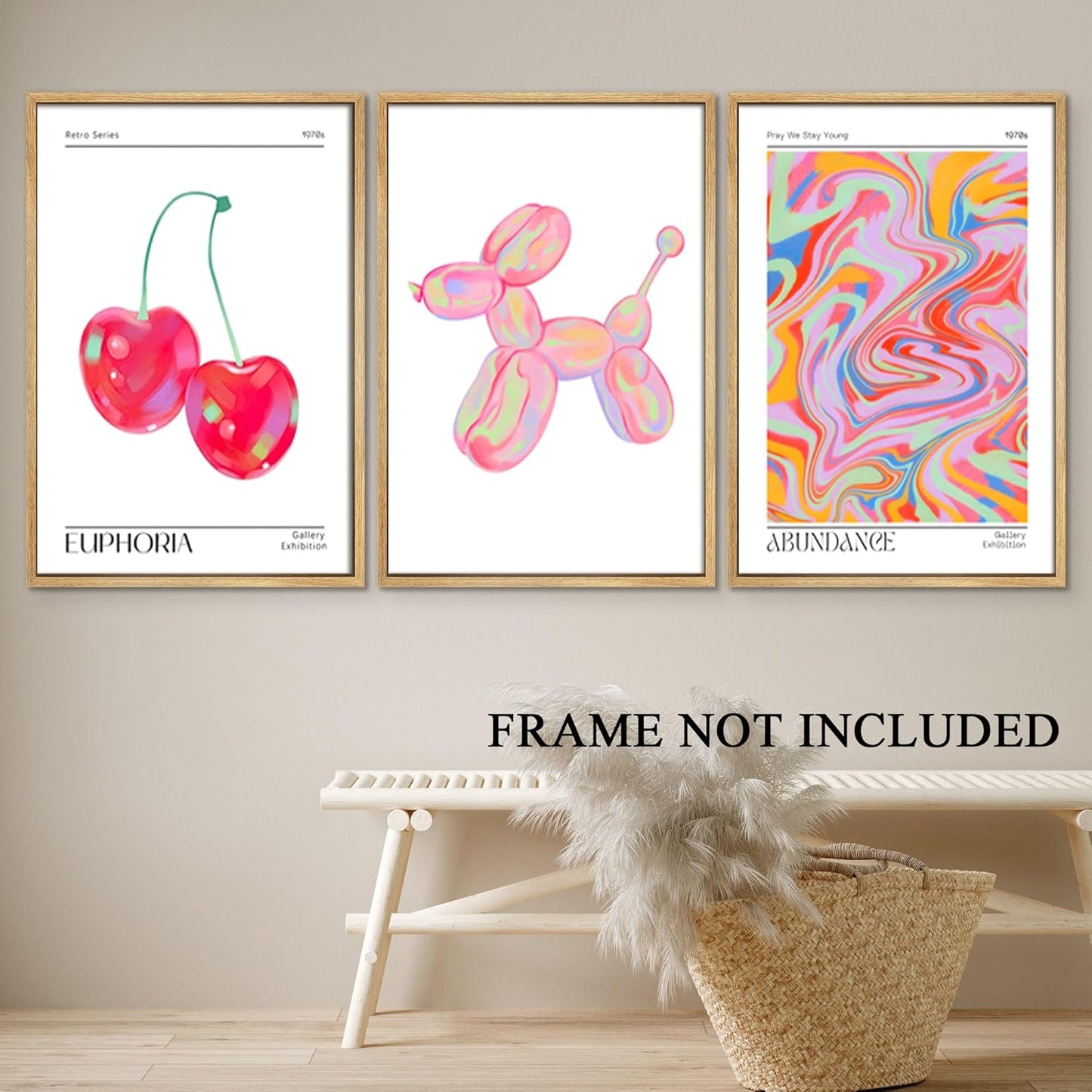 Pink Preppy Wall Art Posters Set of 3 Trendy Cute Balloon Dog Cherry Canvas Prints Modern Colorful Abstract Aura Painting Retro Pop Decor Positive Picture for Living Room Bedroom 12x16in Unframed