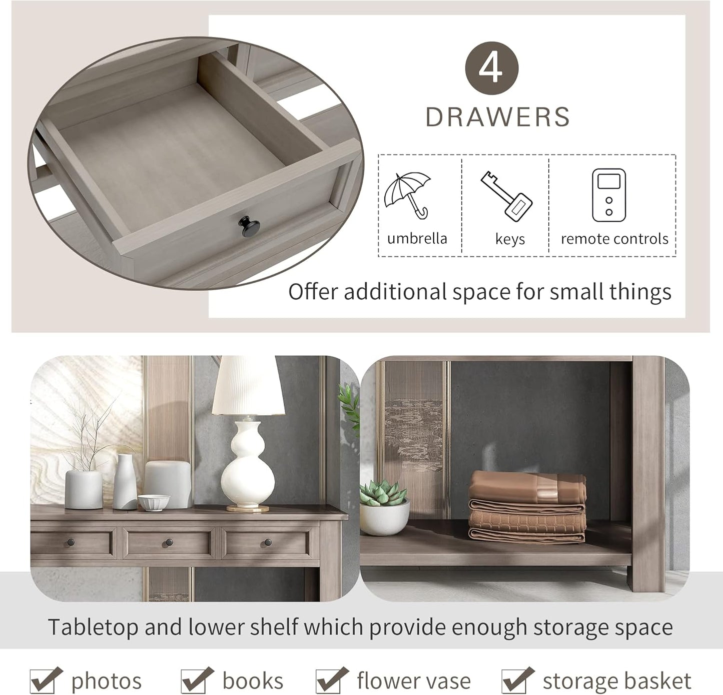 Solid Wood Console Table,Long Sofa Table Entryway Table with 4 Drawers and Bottom Shelf for Hallway Living Room Couch Table,Fully Assembled (63" Gray Wash)