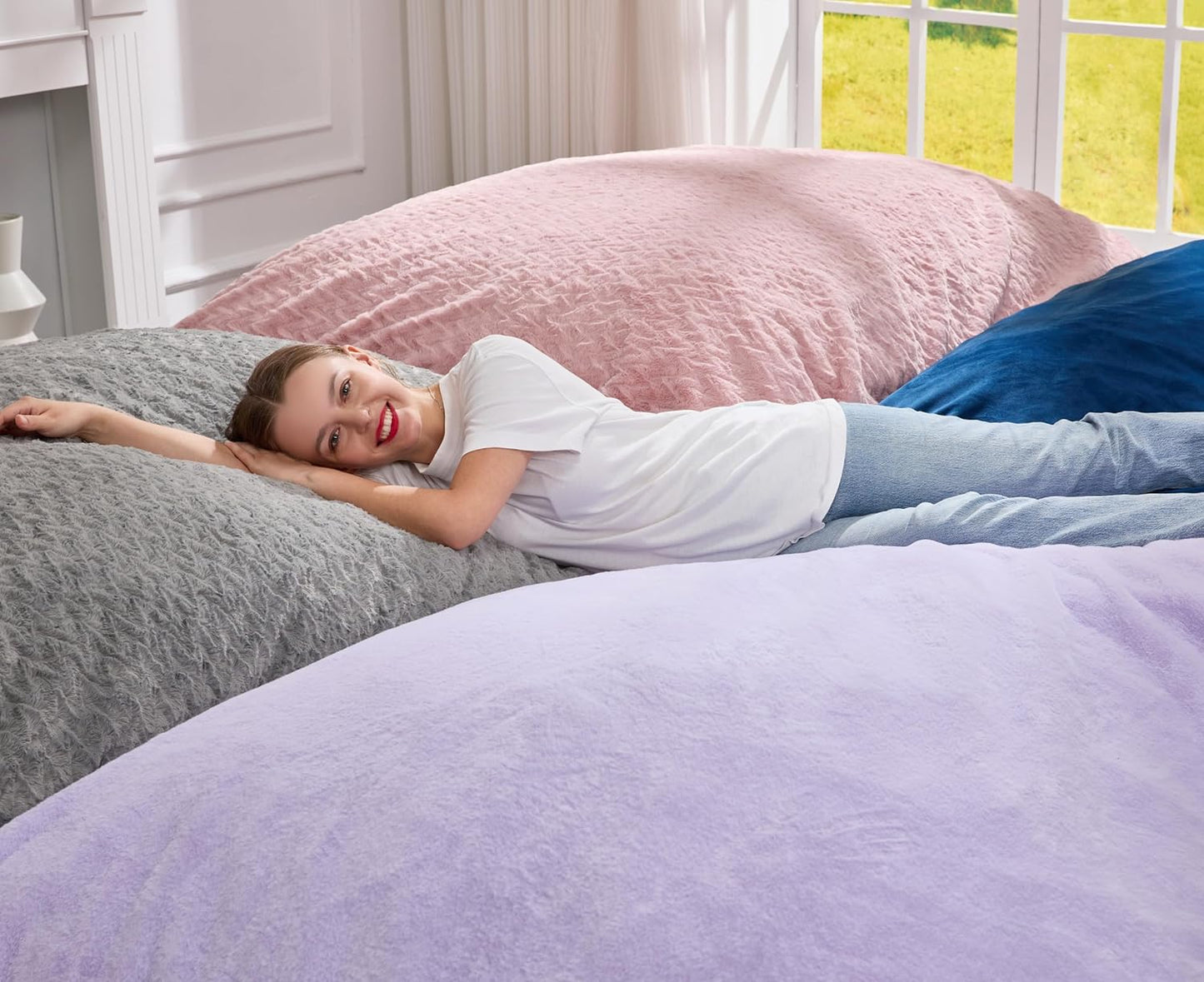 Hobestluk 3 in 1 Bean Bag Chair Giant Bean Bag Chairs for Adults with Velvet Cover Convertible Bean Bag Floor Cushion with Machine Washable Cover for Living Room (Velvet Blue)