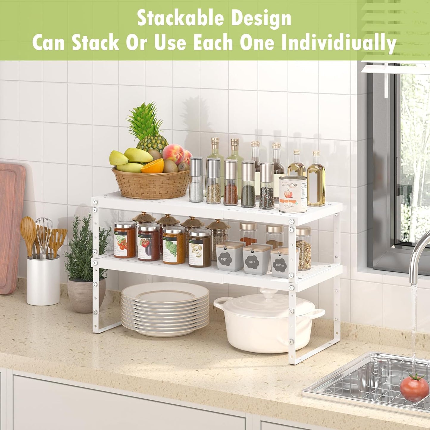 Expandable Cabinet Organizer Shelf With Adjustable Height, Stackable Kitchen Countertop Organizer Rack, Adjustable Shelf Riser For Kitchen Counter, Pantry, Cupboard, Desk, Tabletop