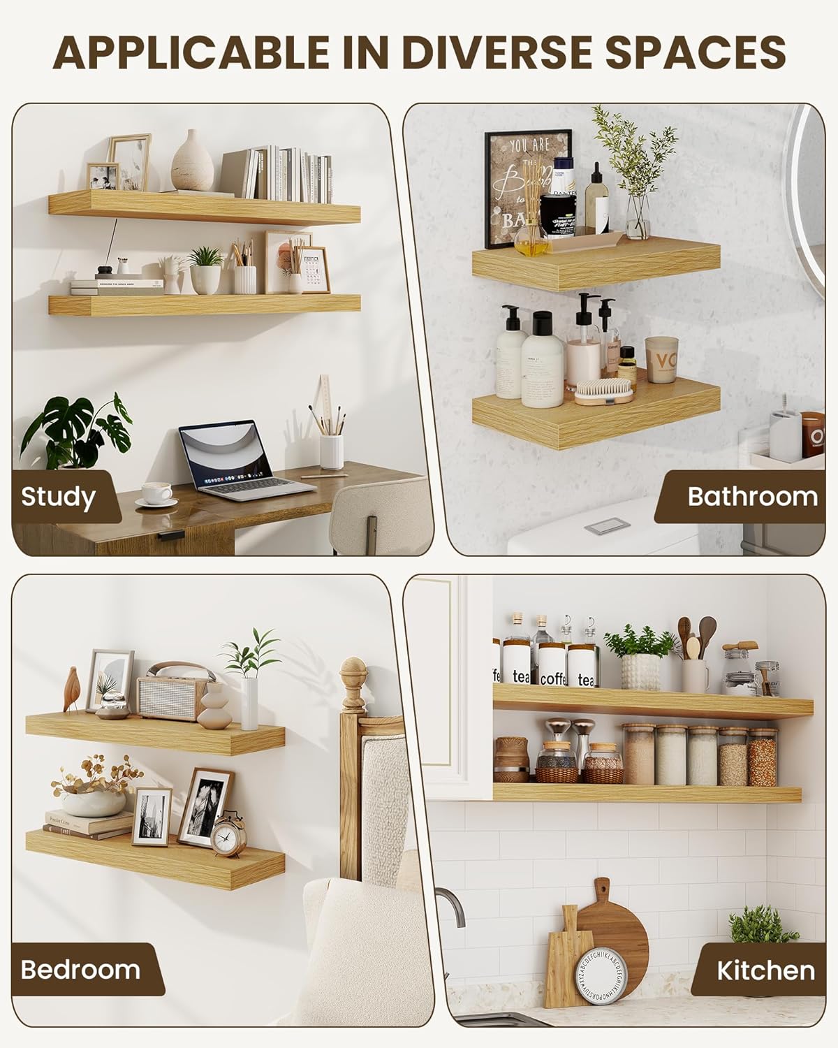 Marsmiles 36" Floating Shelves for Wall, Wooden Shelves with Invisible Brackets Set of 2, Rustic Farmhouse Wall Mounted Shelf for Kitchen Bathroom Living Room Study, Natural Oak