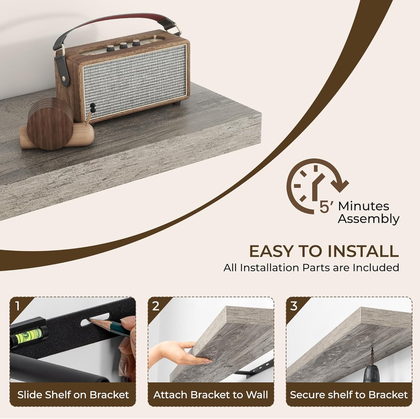 RICHFOCUS 55Inch Floating Shelves for Wall 1 Pack Shelves for Bedroom|Kitchen|Bathroom Wall Mounted Rustic Wood Floating Shelf with Invisible Brackets for Books|Storage|Decor, Grey