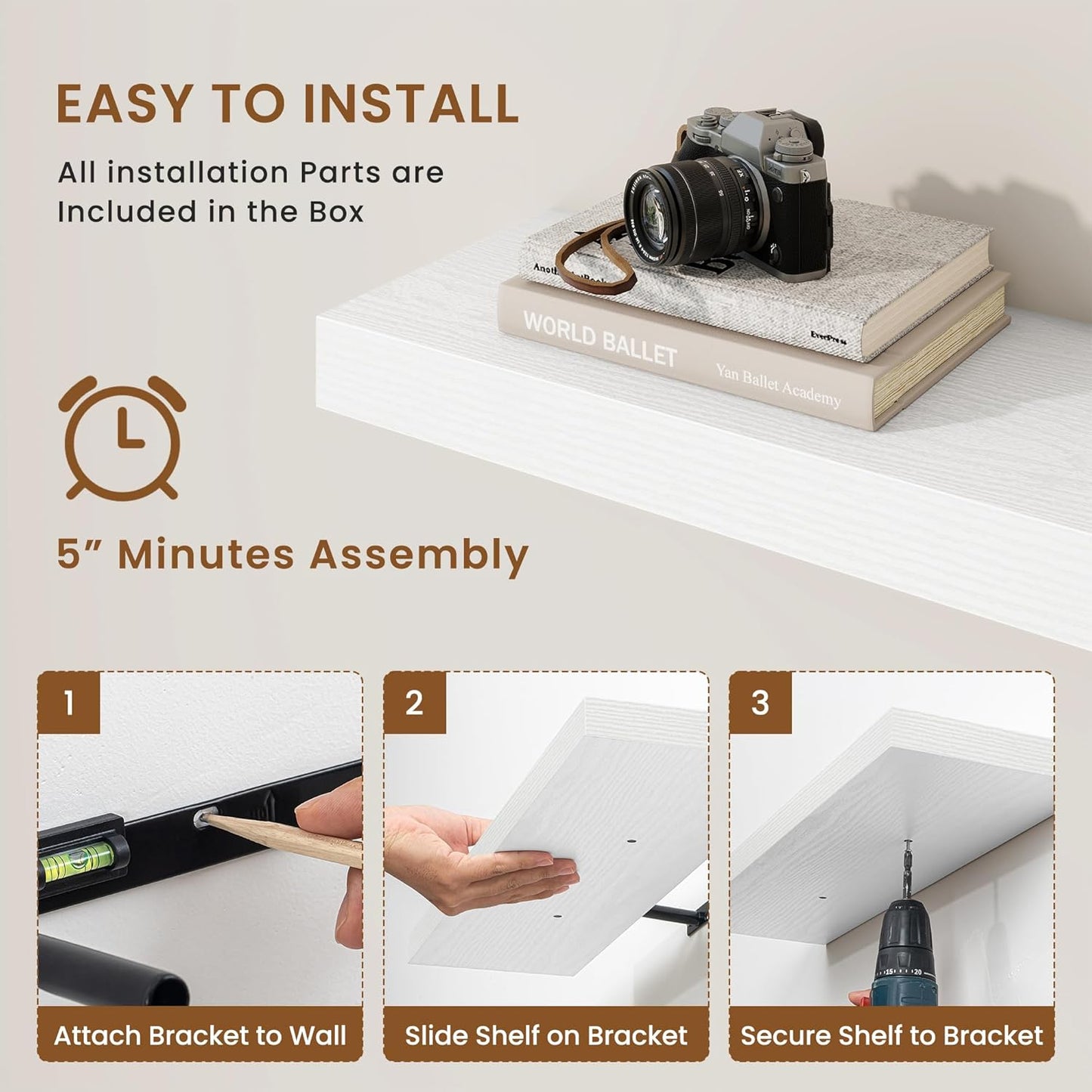 fuqing Floating Shelves for Wall, Bathroom Shelf Wall Mounted for Storage, Shelves with Invisible Bracket for Bedroom, Kitchen, Living Room, Farmhouse Small Book Shelf, 16 Inch Set of 2, White