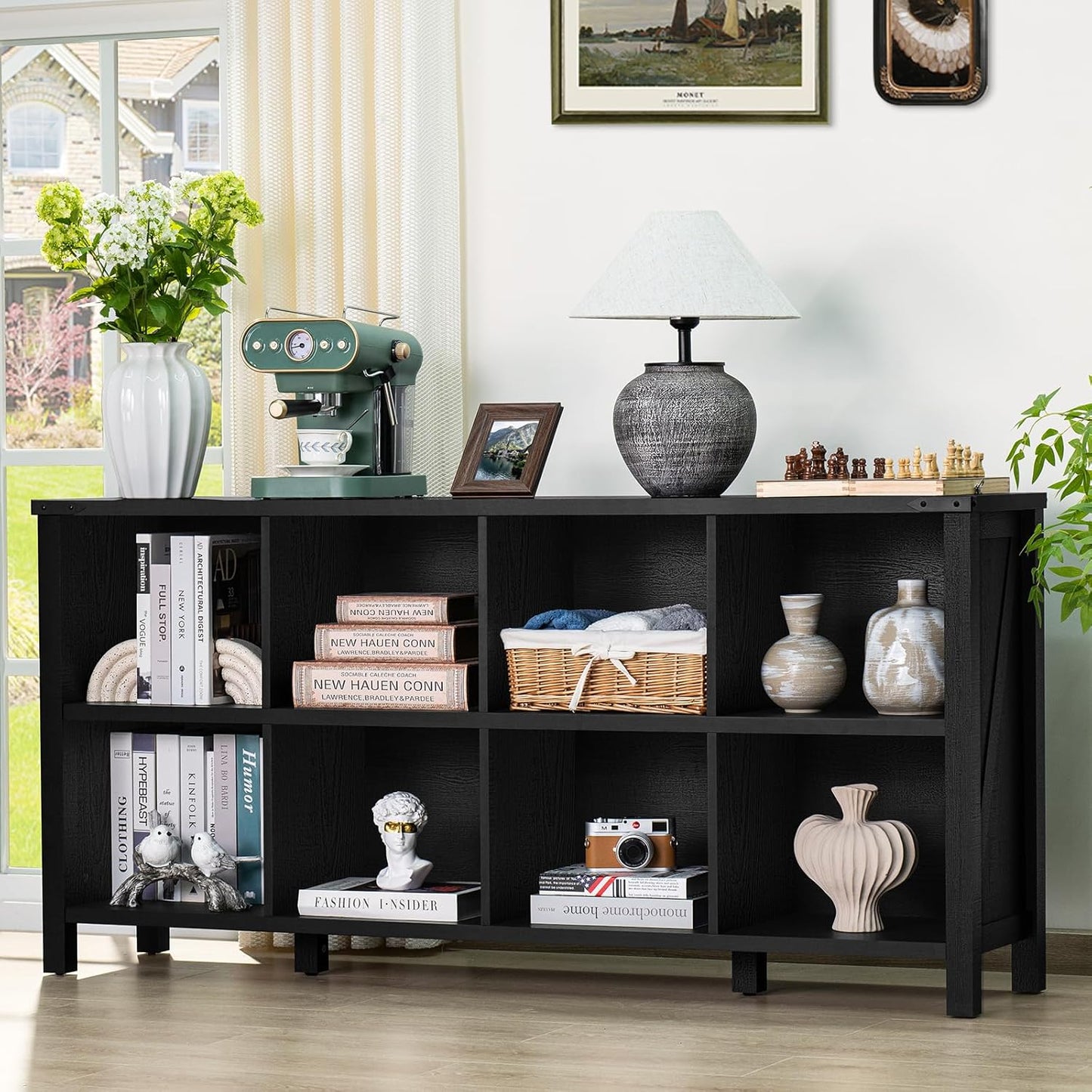 8 Cube Book Shelf, Farmhouse Wood Long Storage Organizer Bookcase, 62" Horizontal Black Console Closet Bookshelf, Hallway TV Stand for Entryway, Display Cabinet Book Case for Living Room