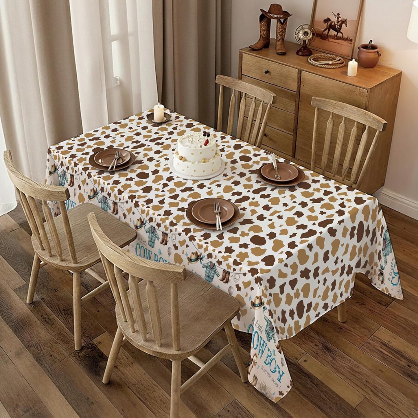 ATFUNSHOP Cowboy Baby Shower Tablecloth 4 Pack 54X108 A Little Cowboy is On The Way Western Theme Table Cover, Rustic Baby Boy Rodeo Party Decorations