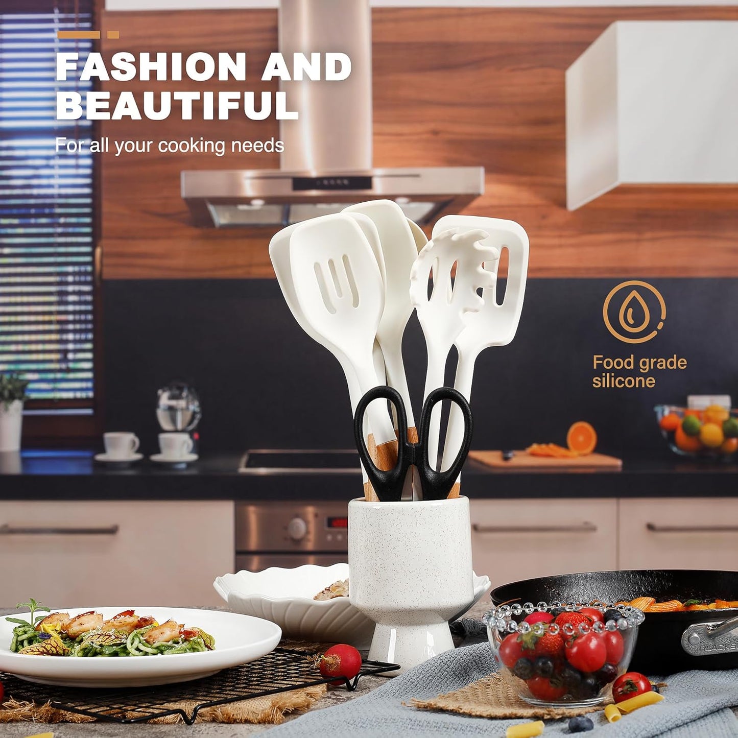 QMVESS Silicone Cooking Utensils Set, Kitchen Utensils Set 7 Pcs with Long Wooden Handle, Food Grade and Heat Resistant Large Silicone Spatula Set for Nonstick Cookware, BPA Free(White)