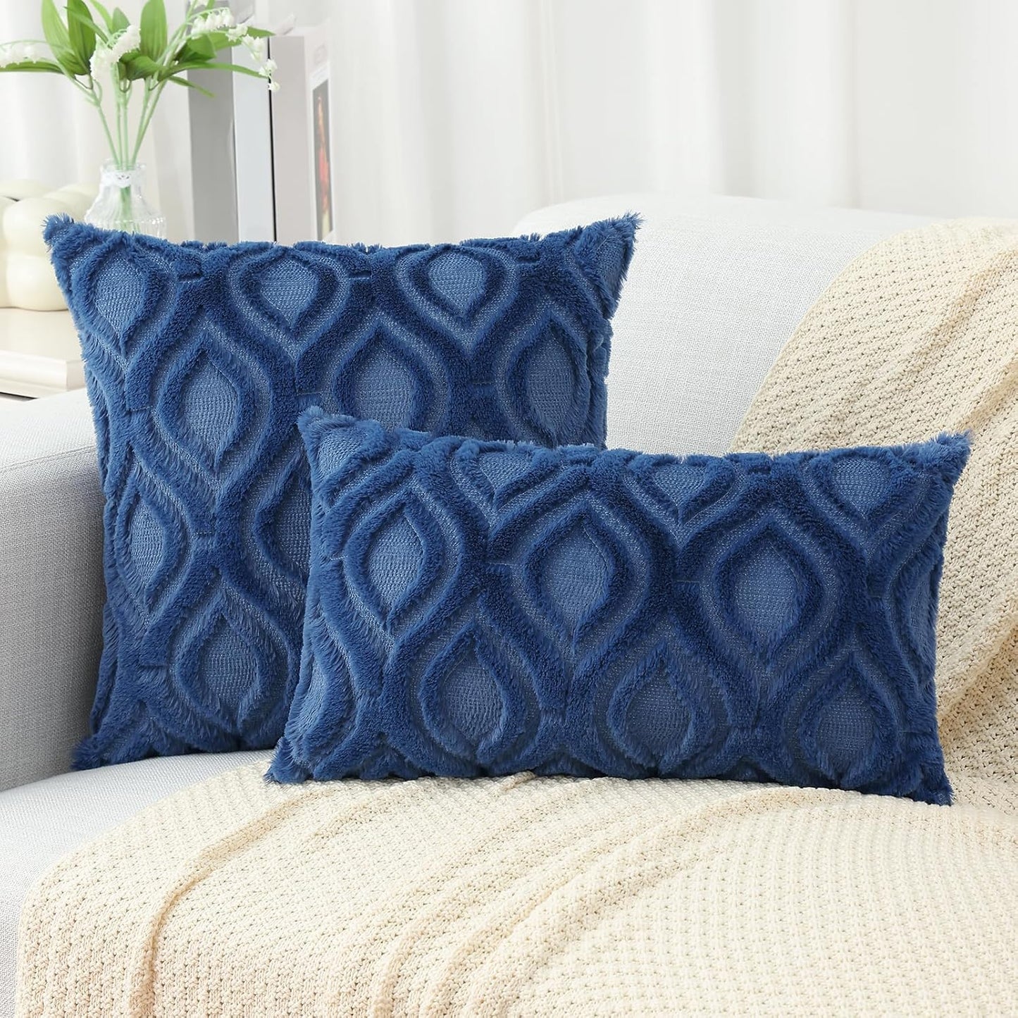 decorUhome Fall Throw Pillow Covers 26x26 Inch Set of 2, Soft Plush Decorative Faux Fur Dark Blue Solid Couch Pillow Covers, Accent Farmhouse Neutral Square Euro Pillow Cases for Sofa Bed Living Room