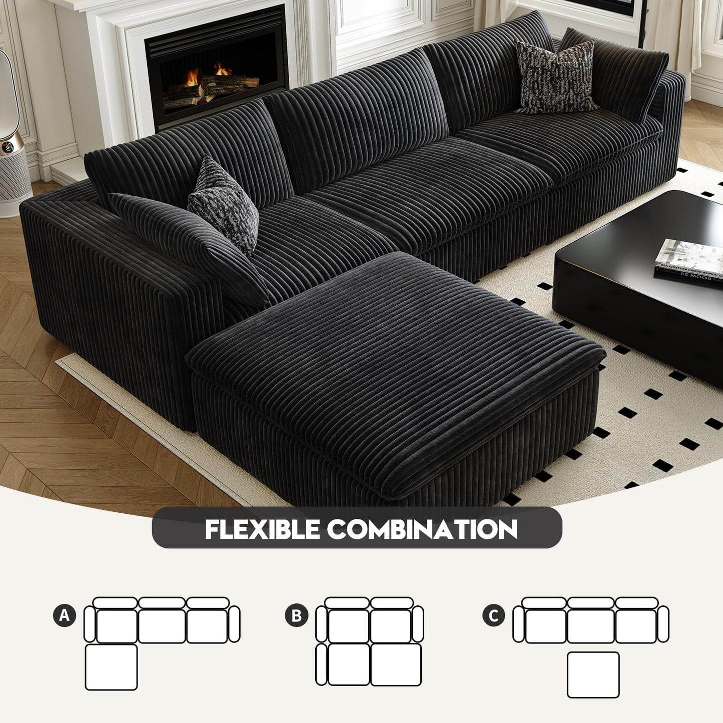 118" Cloud Couch Modular Sectional Sofa for Living Room,Modern Sofa with Deep Seat,L-Shape Boneless Couch with Ottoman,Comfy Upholstered Corduroy Couches for Apartment, Studio, Office,Bedroom,Black