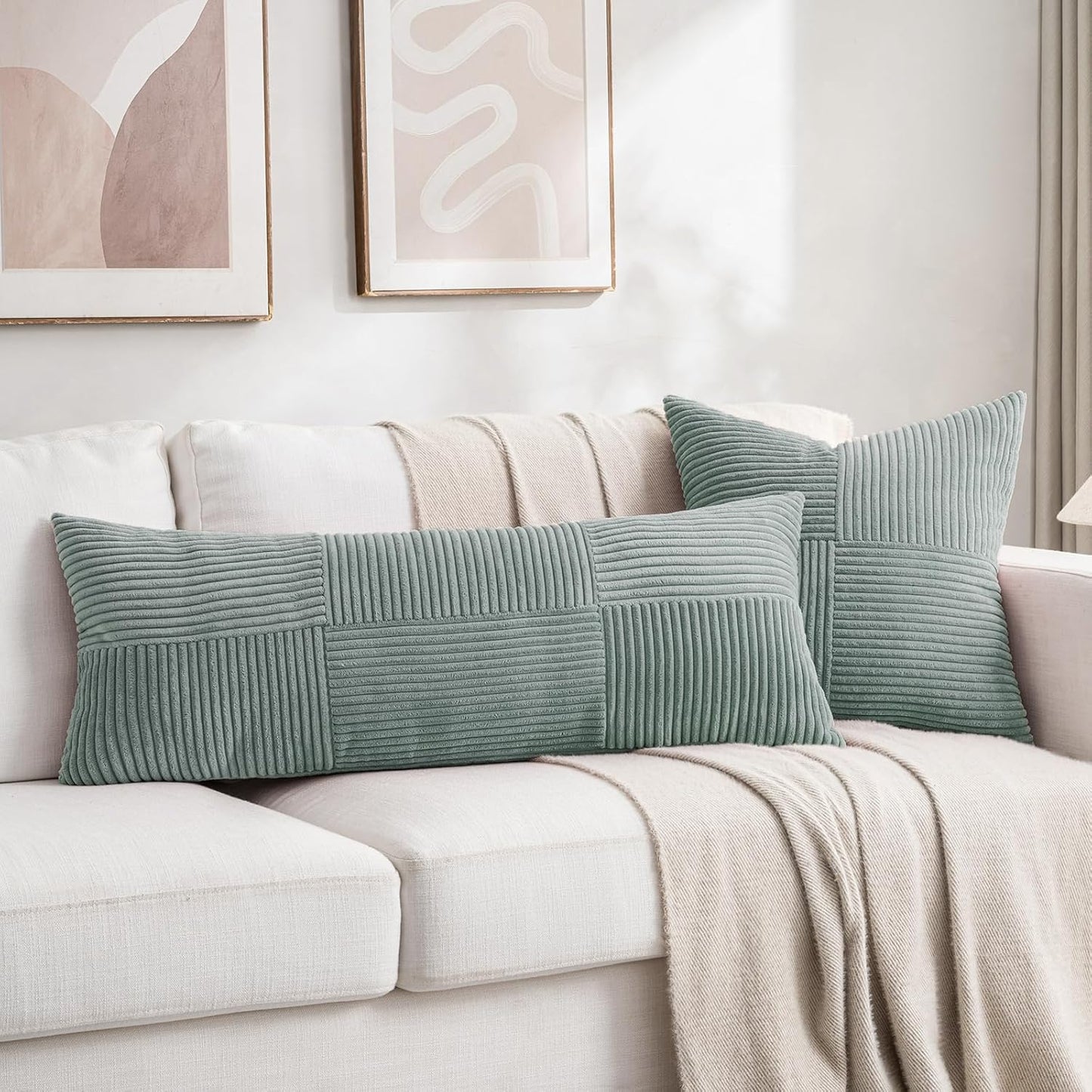 Fancy Homi 2 Packs Grey Blue Decorative Throw Pillow Covers 18x18 Inch for Couch Bed Sofa, Rustic Boho Farmhouse Home Decor, Soft Corss Corduroy Patchwork Textured Square Cushion Case 45x45 cm