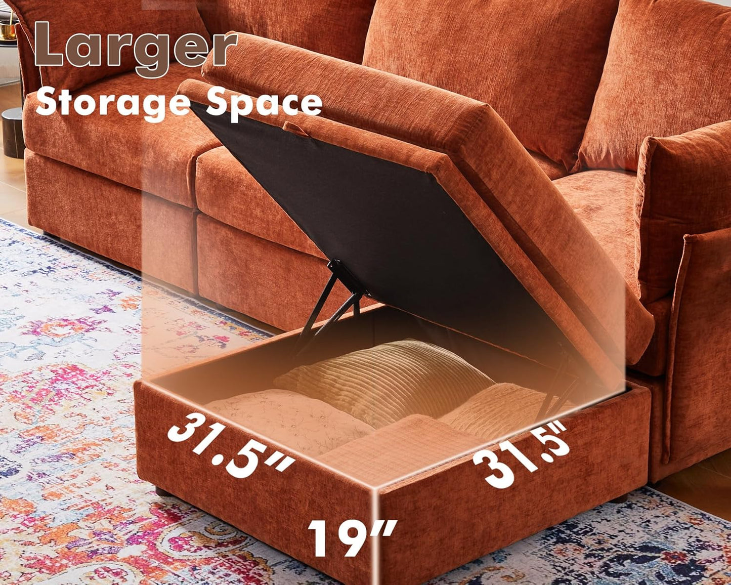 Luxury Modular Sectional Sofa, L-Shaped 3-Seat Couch with Storage Ottoman Deep Seat & Reversible Chaise Lounge Chenille Terracotta Orange for Compact Spaces, Apartments, Dorm