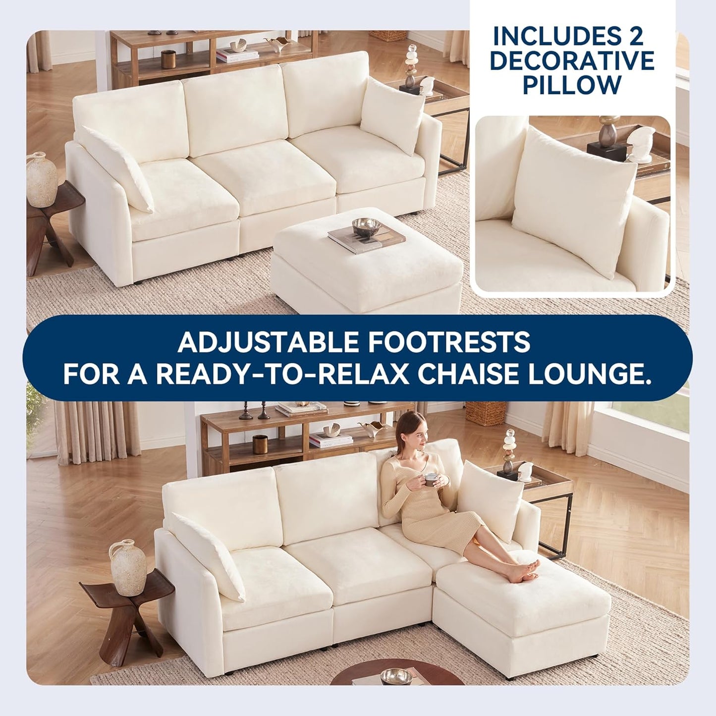 Tbfit 85" Convertible L Shaped Couch, Sectional Sofa for Living Room,Chenille Cloud Couch with Ottoman 4 Seat (Beige)