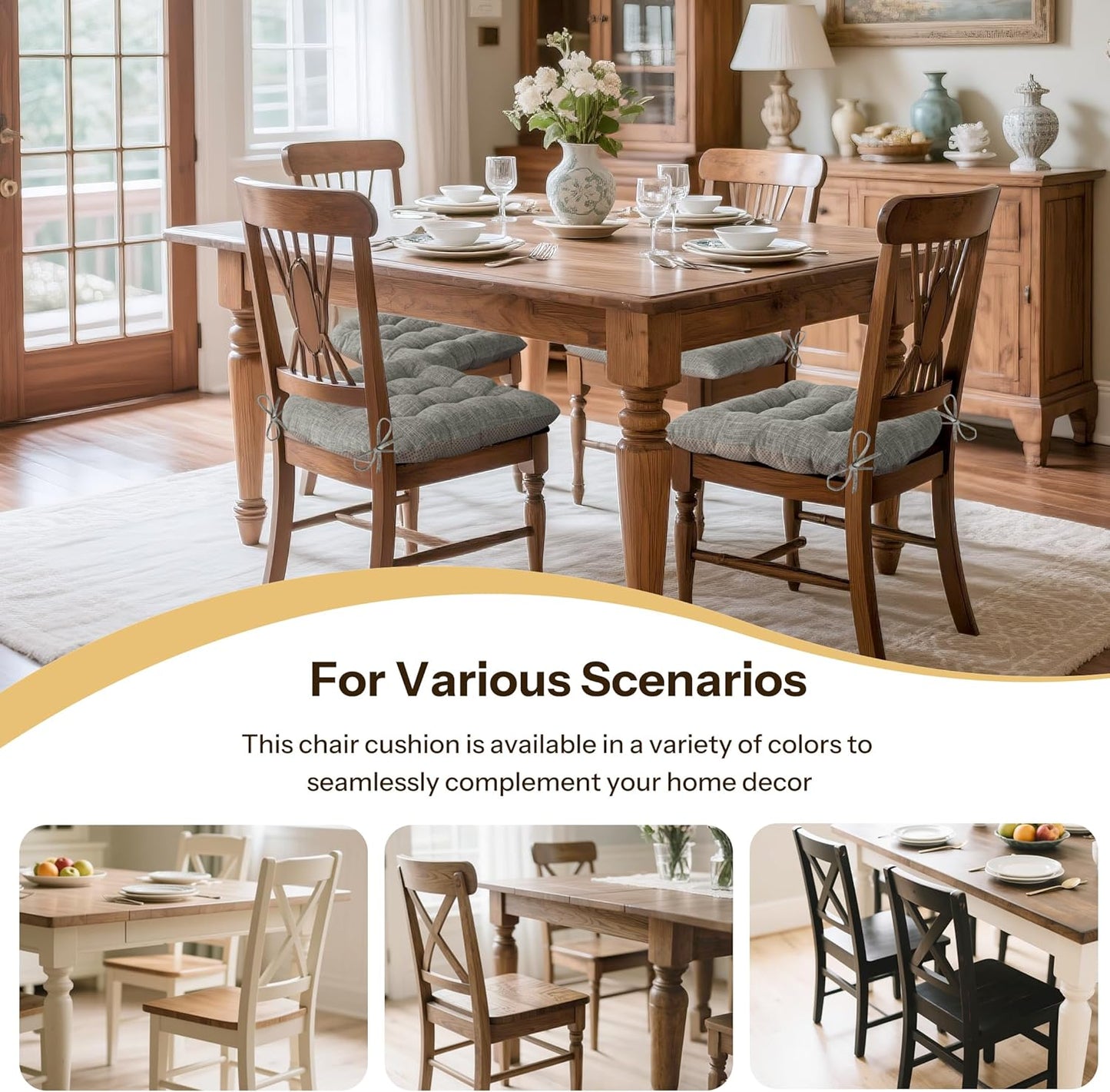 Non Slip Chair Cushions for Dining Chairs Set of 4 Kitchen Chair Cushions 18"x18"x3" Turfted Chair Pads Comfortable and Soft Seat Cushion with Ties, Light Grey