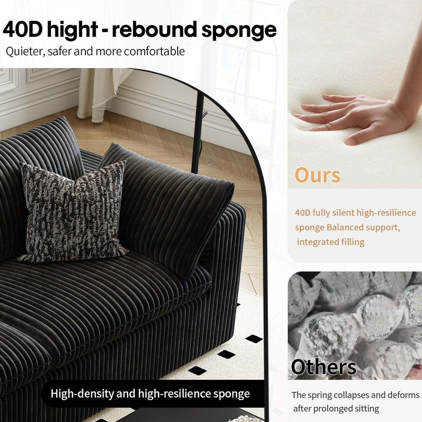 118" Cloud Couch Modular Sectional Sofa for Living Room,Modern Sofa with Deep Seat,3 Seater Boneless Couch,Comfy Upholstered Corduroy Couches for Apartment, Studio, Office,Bedroom,Black