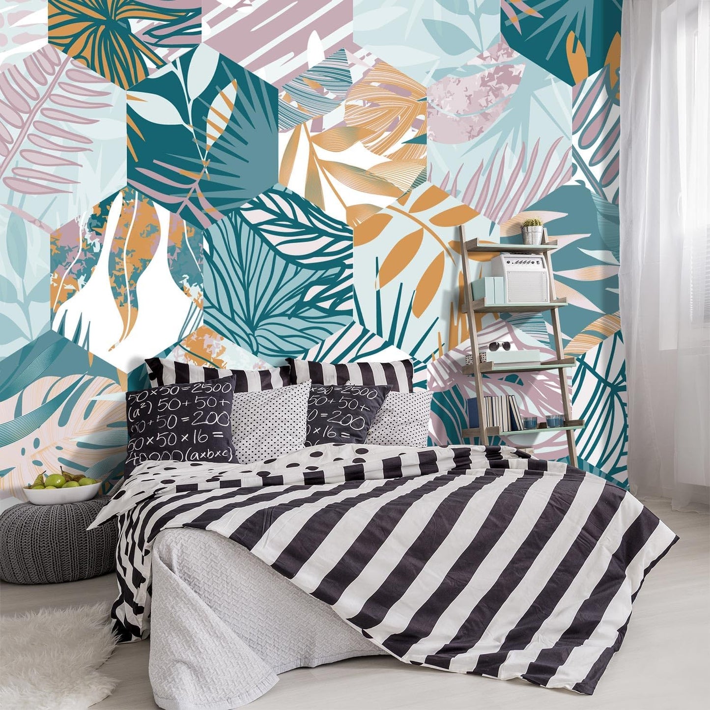 -Abstract Geometry Botanical Banana Leaf Fabric Wallpaper Living Room Bedroom Bathroom Tropical Plant Leaf Wall Mural- 91"x65"( not Peel and Stick)