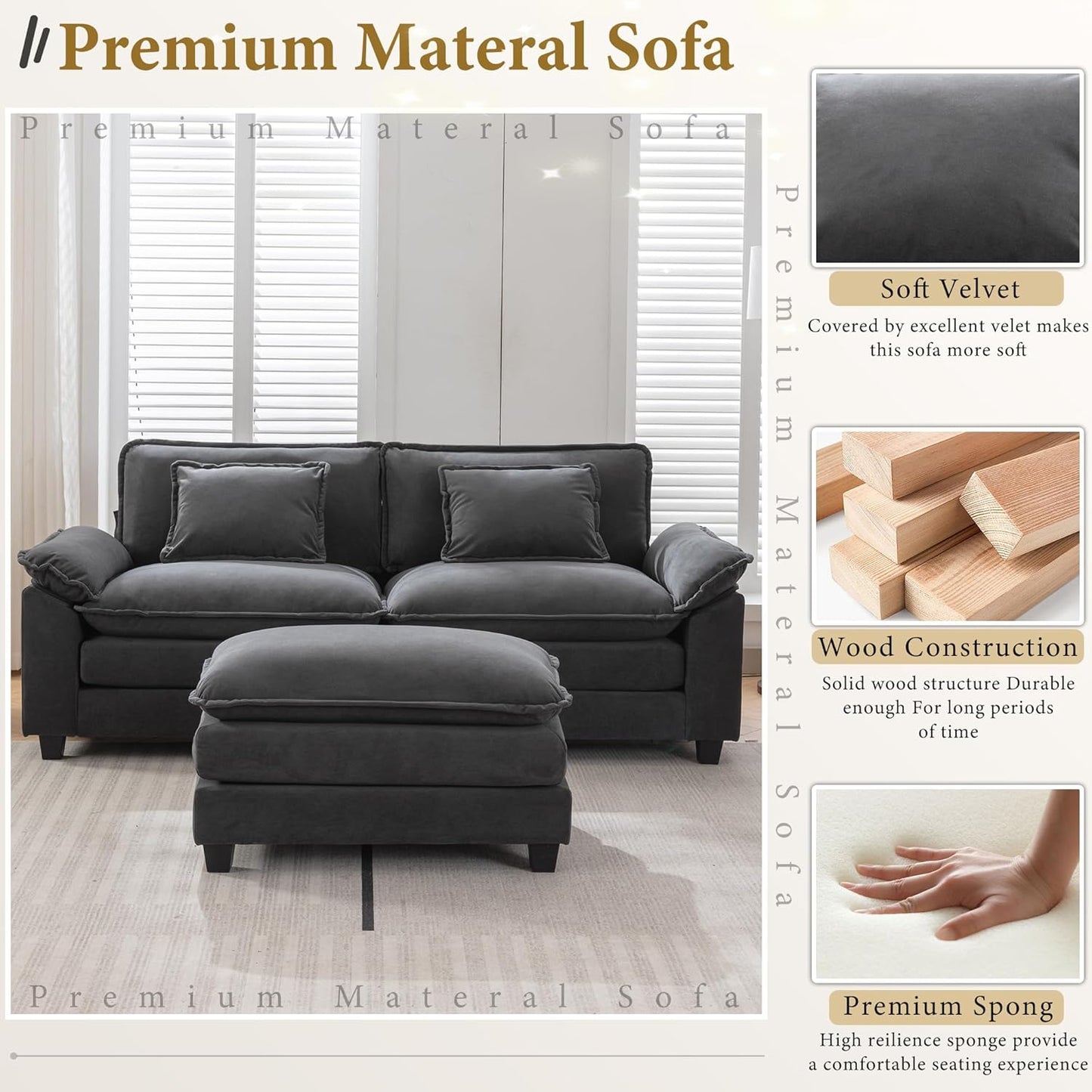 URRED Modular Sectional Sofa Comfy Cloud Couch, Modern Velvet Sofa Sleeper Deep Seat Couches with Ottoman/Pillows for Living Room (Dark Gray, 82.6''- L Shape)