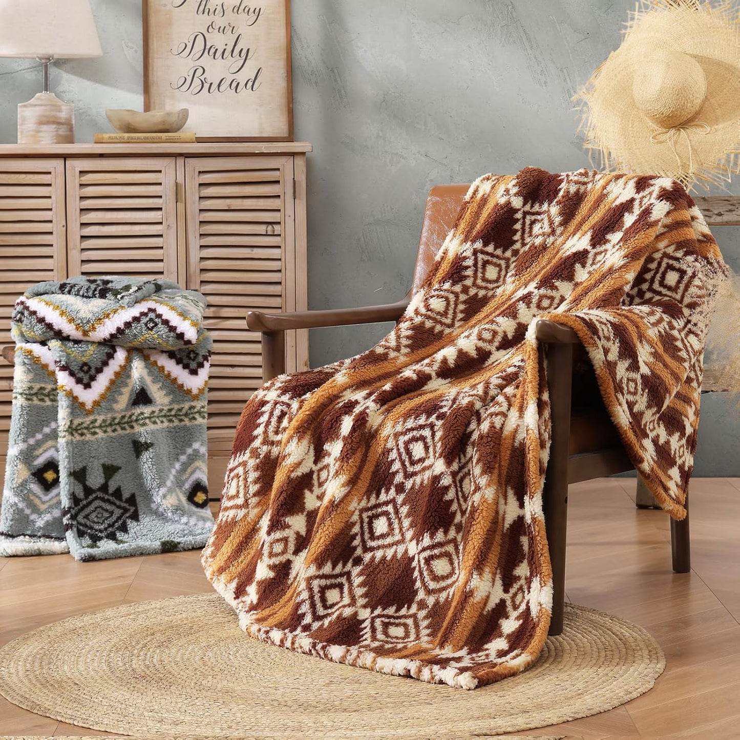 CASAAGUSTO Boho Sherpa Throw Blanket, Aztec, Ultra Soft, Warm, Cozy, Plush, Thick Fleece Bohemian Throw Blanket for Couch, Bed, Sofa (Terracotta 50 * 60 Inch)