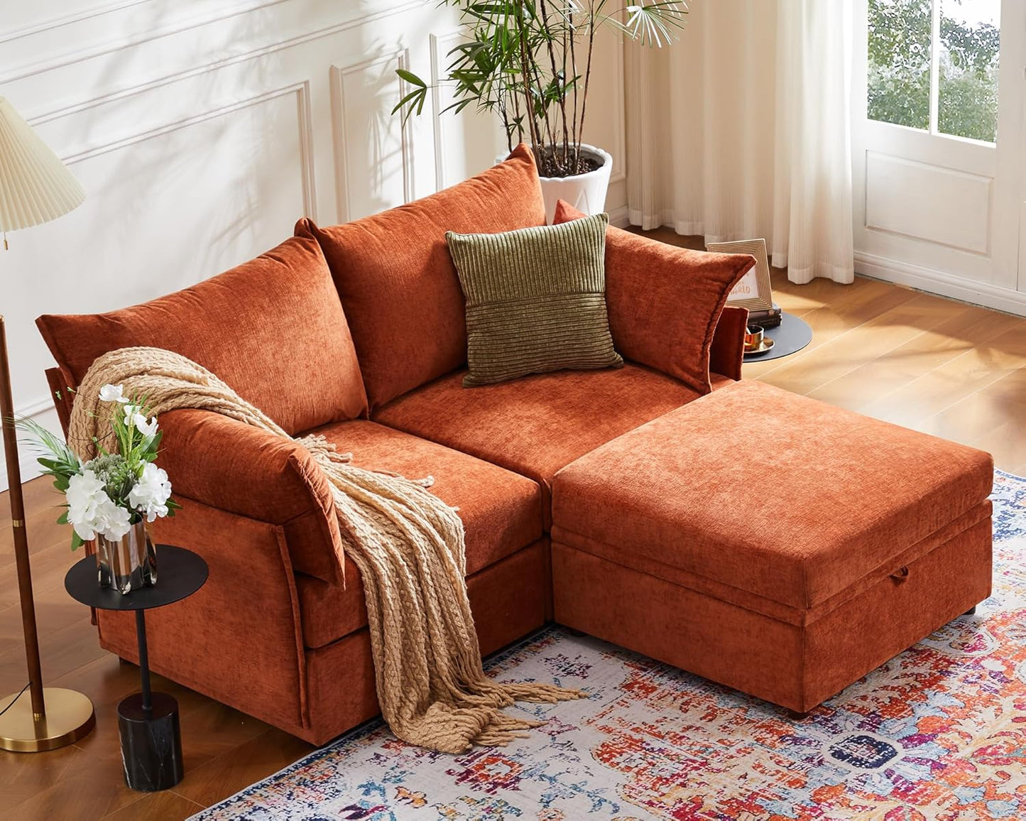 Oversized Loveseat Sofa, Modern Modular Sectional Couch Terracotta Orange Fluffy Chenille Mid Century 2-Seat 24.5" Deep Seat for Apartment, Living Room, Bedroom