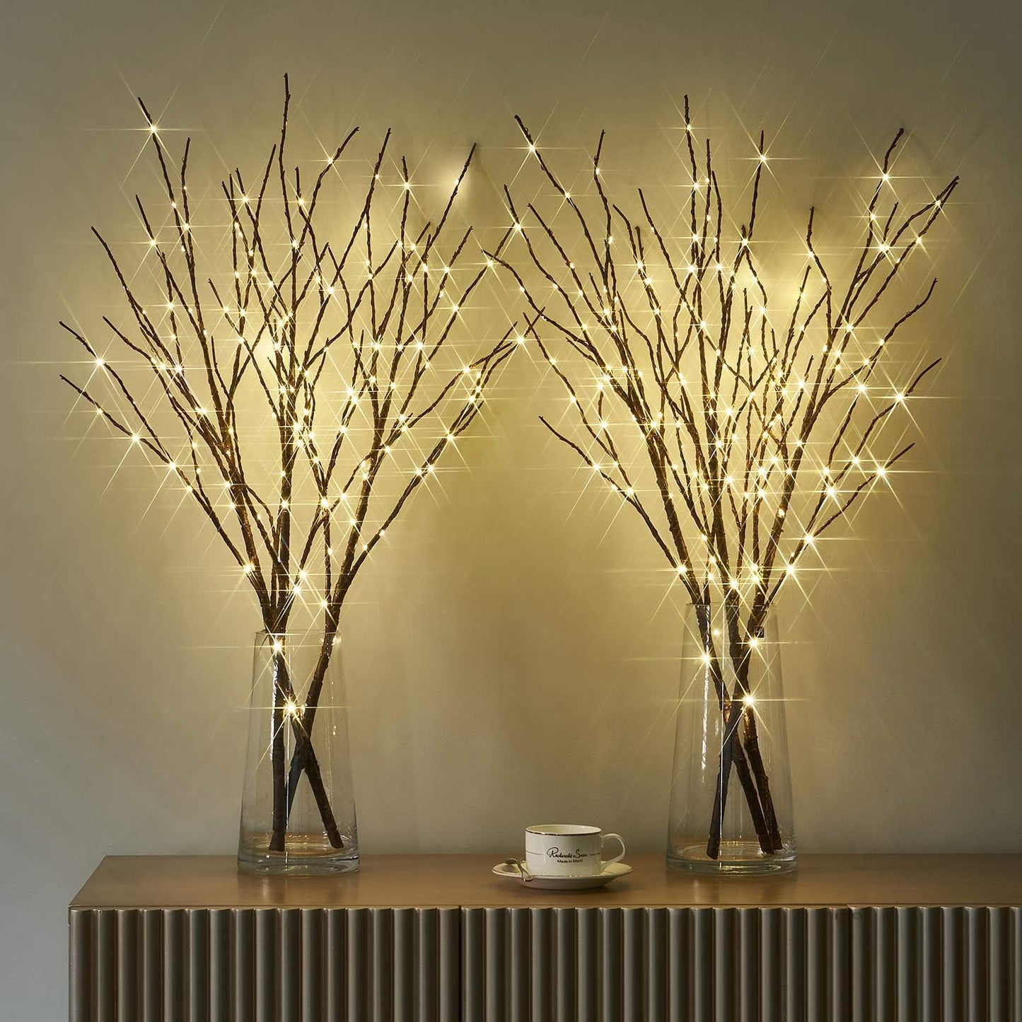 Fudios Lighted Twigs and Branches for Vases Plug in 32in Tall,Brown Willow Tree Branches with Lights 150 LED Outdoor Indoor Holiday Party Decor Gift 2Sets