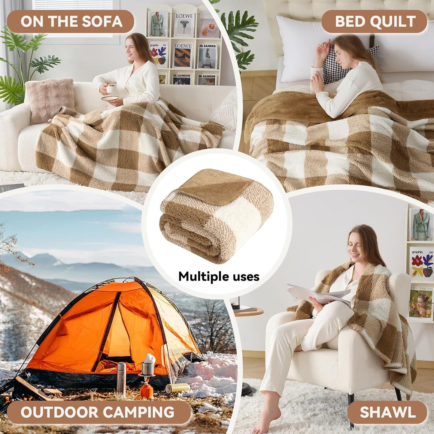 LURKA Checkered Sherpa Fleece Throw Blanket - Extra Thick and Warm Winter Soft Fuzzy Plush Blanket for Couches, Beds & Pets, Brown, 50x60 Inches