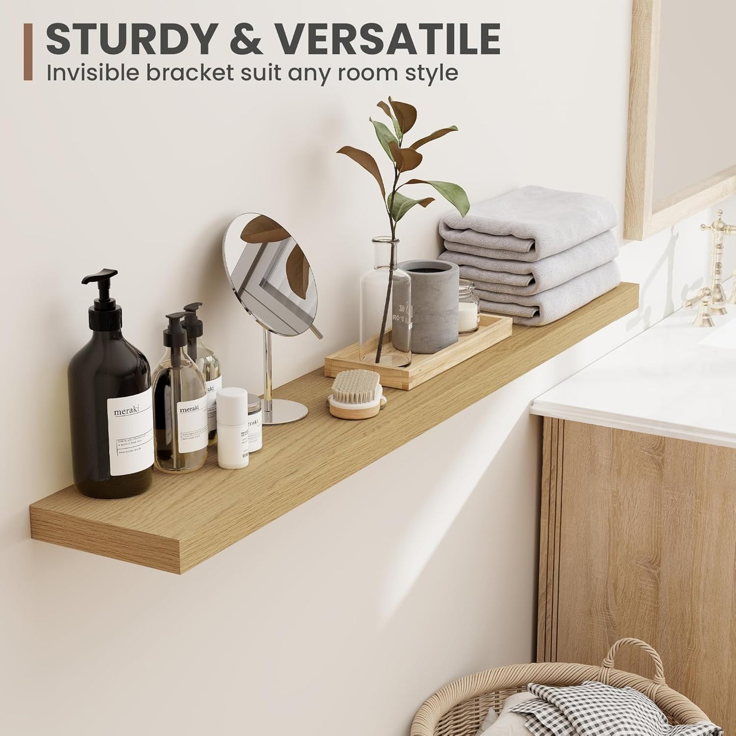 16 Inch Floating Shelves, 8 Inch Deep Floating Shelves for Wall, Hanging Shelf with Invisible Brackets, Deep Shelves for Bathroom, Bedroom, Living Room, Oak, Set of 2