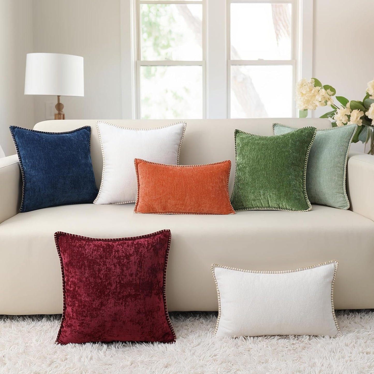 decorUhome Fall Chenille Soft Throw Pillow Covers 18x18 Set of 2, Farmhouse Velvet Neutral Decorative Euro Pillow Covers with Stitched Edge for Couch Sofa Bed Home Decor, Forest Elf