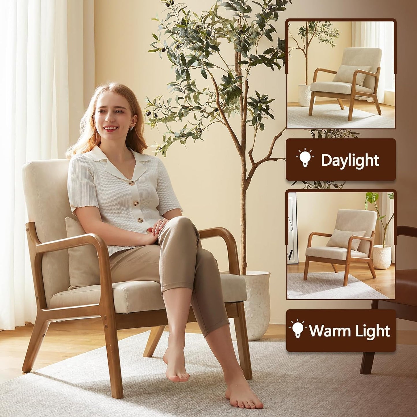 Accent Chair Mid Century Modern Armchair with Lumbar Support Pillow Wood Legs PU Leather Upholstered Lounge Chairs Comfy High Back Cushion for Living Room Bedroom