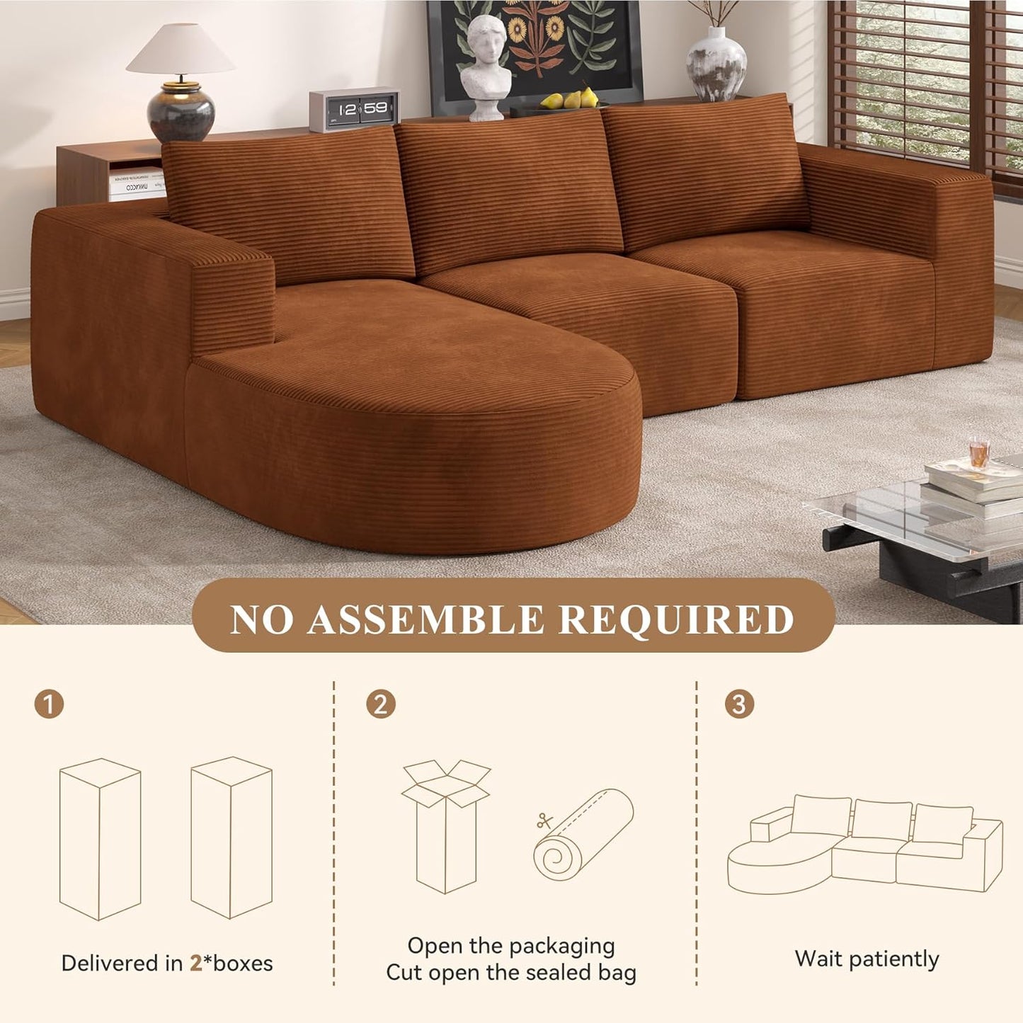 Modular Sectional Sofa with L-Shape Chaise,Cloud Sectional Modern Sleeper Couch with Deep Seat,Sponge Compression Sofas No Assembly Required (Brown-Corduroy Fabric) 1PCS