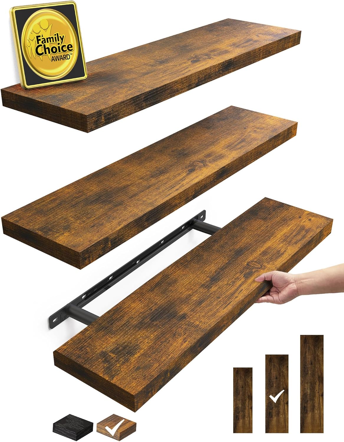 BAYKA Floating Shelves for Wall, 22.5 inches Wall Mounted Rustic Wood Shelves for Bathroom, Bedroom, Living Room, Floating Shelves for Books/Storage/Decor(Rustic Brown,Set of 3)