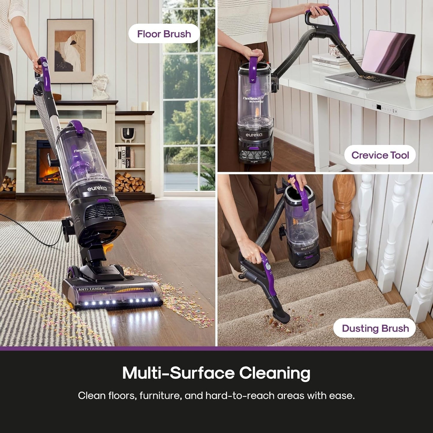 Eureka FlexReach Powerful Upright Vacuum Cleaner for Carpet and Hard Floor, Lift-Away Vacuum with Large Dust Cup, Anti-Tangle, NEU651PL, Purple