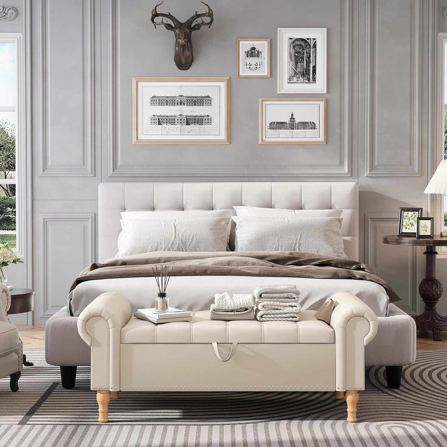 Apicizon 51”Storage Ottoman Bench, Soft Faux Leather Indoor Bench with Rolled Arm and Vintage Rivets, Large Storage Chest for Bedroom, Living Room, Entryway,Beige+Natural Legs