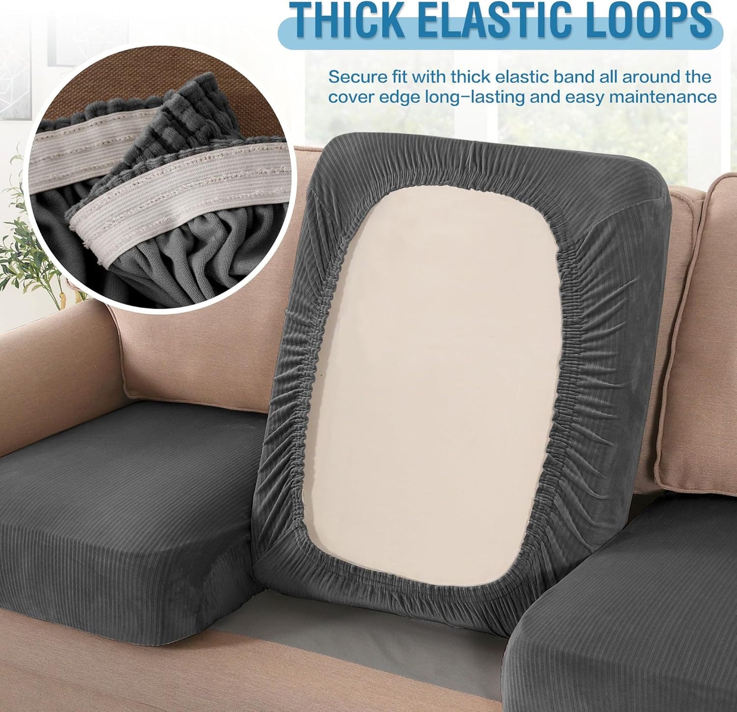 H.VERSAILTEX Velvet Stretch Couch Cushion Cover Plush Cushion Slipcover for Chair Loveseat Sofa Cushion Furniture Protector Seat Cushion Sofa Cover (3 Piece Sofa Cushion Covers, Grey Striped)