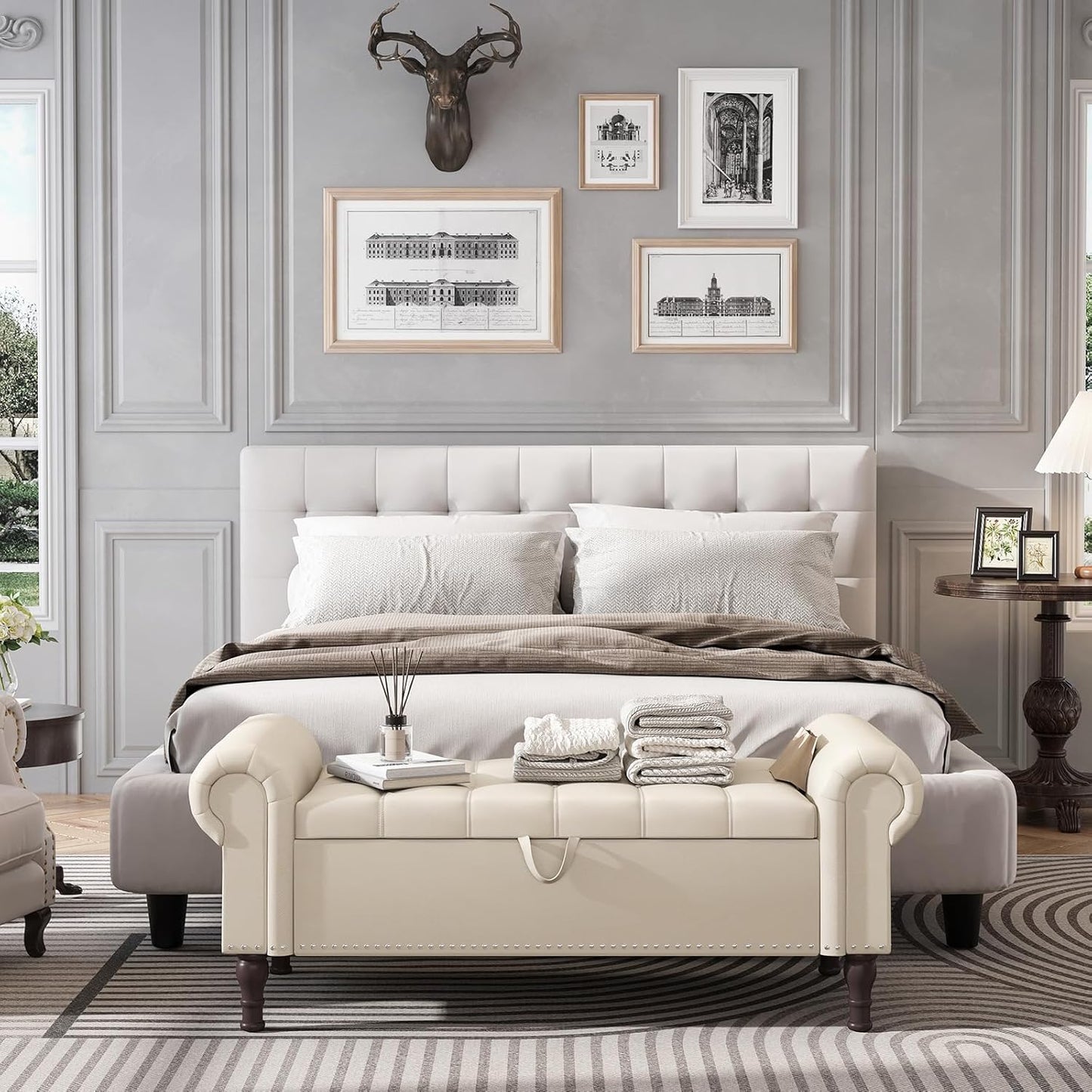 Apicizon 51”Storage Ottoman Bench, Soft Faux Leather Indoor Bench with Rolled Arm and Vintage Rivets, Large Storage Chest for Bedroom, Living Room, Entryway,Beige+Brown Legs