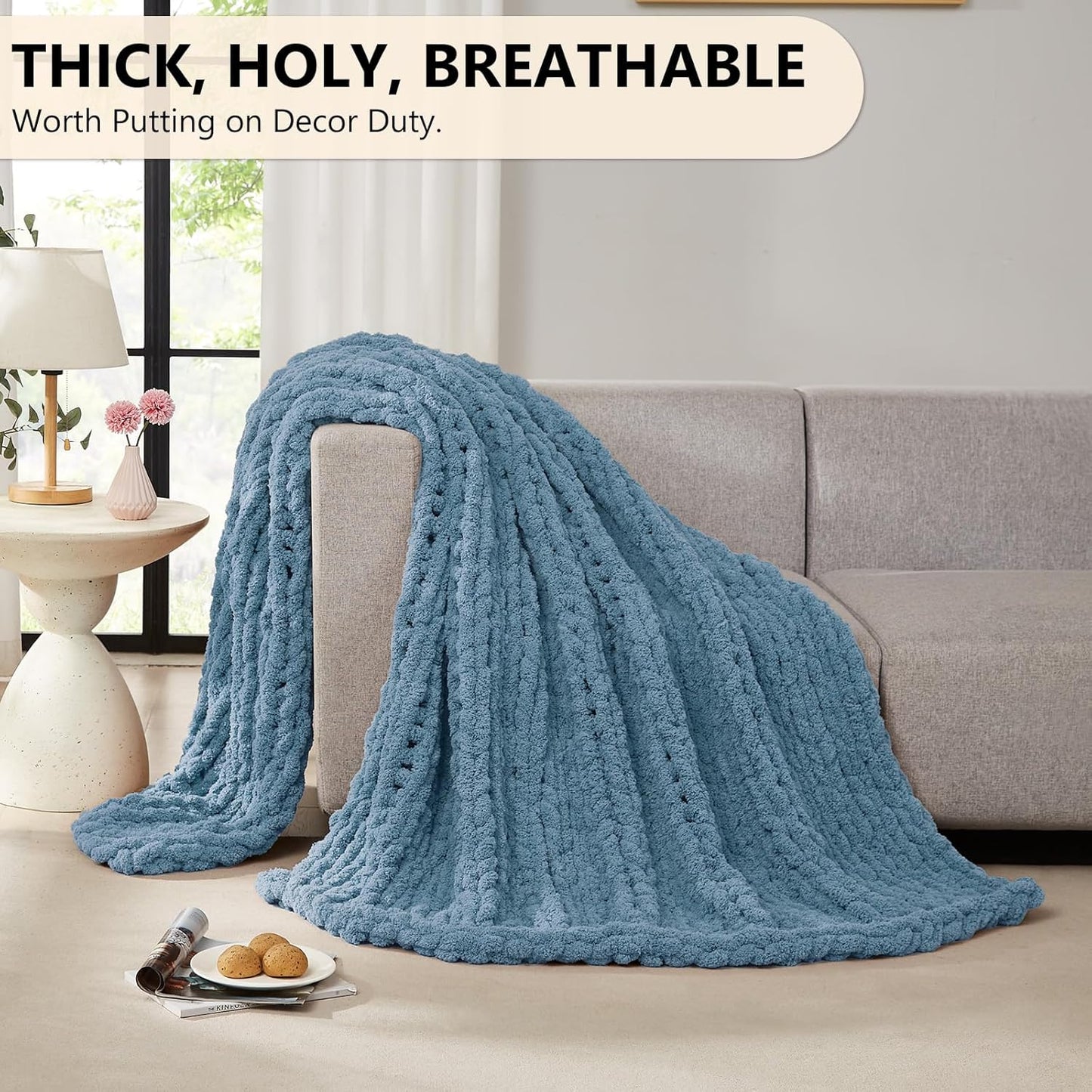 L'AGRATY Chunky Knit Blanket Throw: 80''x90'' Chenille Chunky Knitted Throw Blankets for Bed Couch - Handmade Thick Big Cable Knit Blanket - Large Crochet Rope Blankets for Home Decor(Airy Blue)