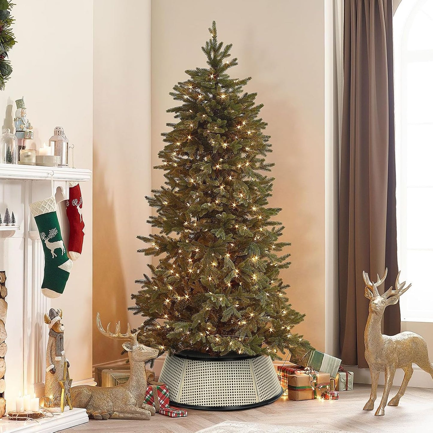 Metal Christmas Tree Collar, 28’’ D Christmas Decorative Base Cover for Christmas Tree, Tree Skirt, Tree Ring - Cream