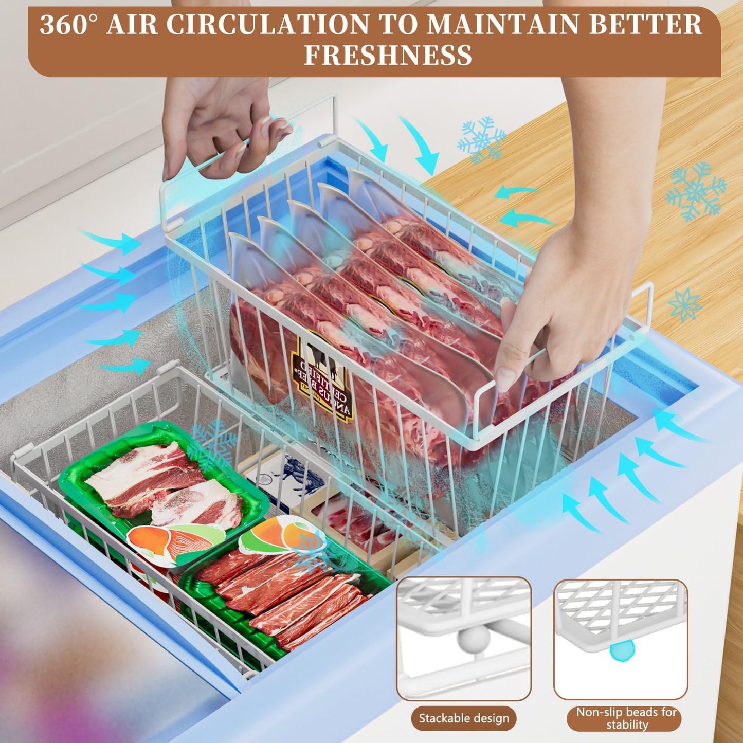 Freezer Organizer Bins ,Upgraded Bottom Leak-Proof net,4 Pack,Encryption and Hardening ,Deep Freezer Organizer Bins for 5 to 7 Cu.FT Small Chest Freezer, Easy Get Bottom Foods(white)