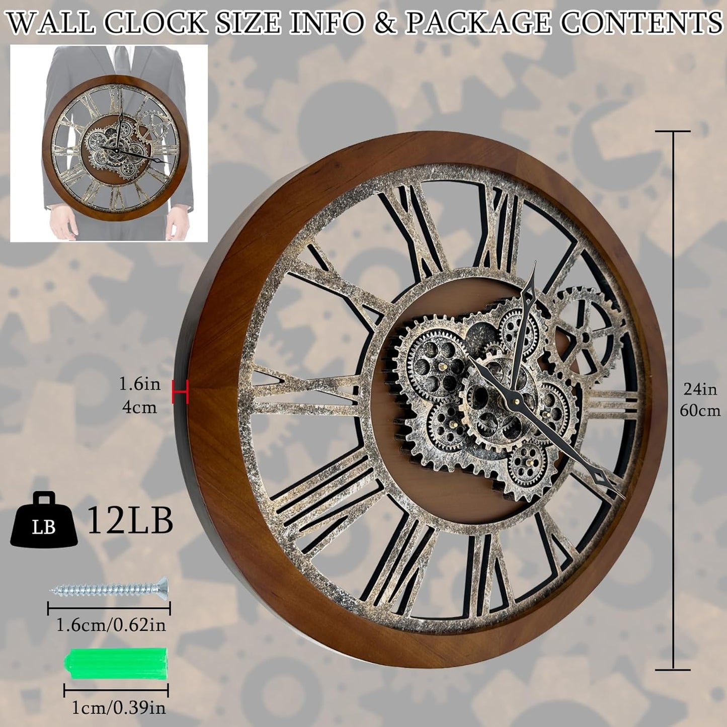 HOIBAI Clocks for Living Room Decor, Large Wall Clock 24 in (60cm) Clocks Wall Decor, Moving Gear Wall Clock, Farmhouse Vintage Industrial Oversized