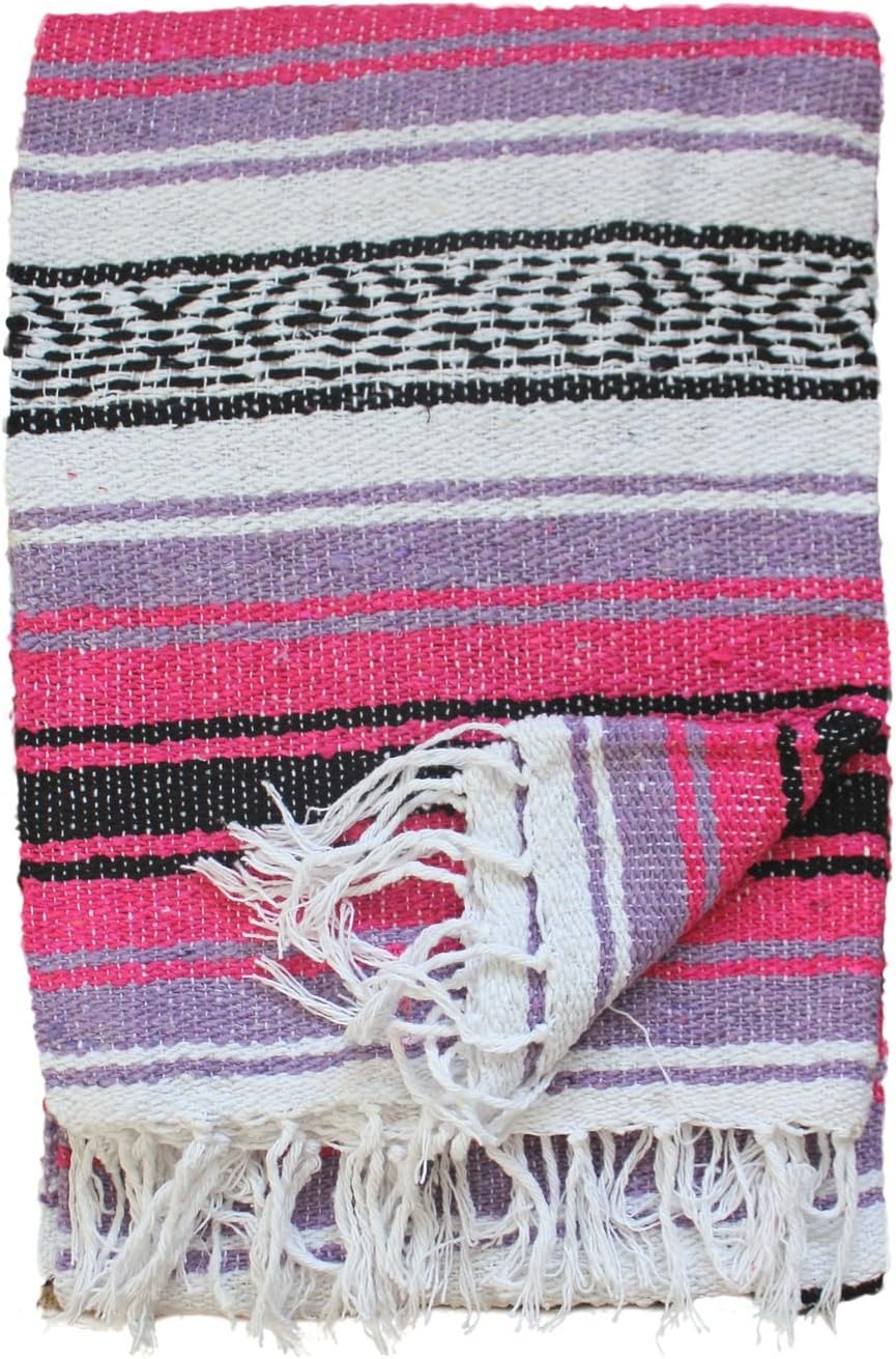 Del Mex Classic Mexican Blanket, Large Authentic Woven Falsa Throw (70"x50"), Artisan Southwest Décor for Beach, Yoga, Outdoors (Pink/Purple)