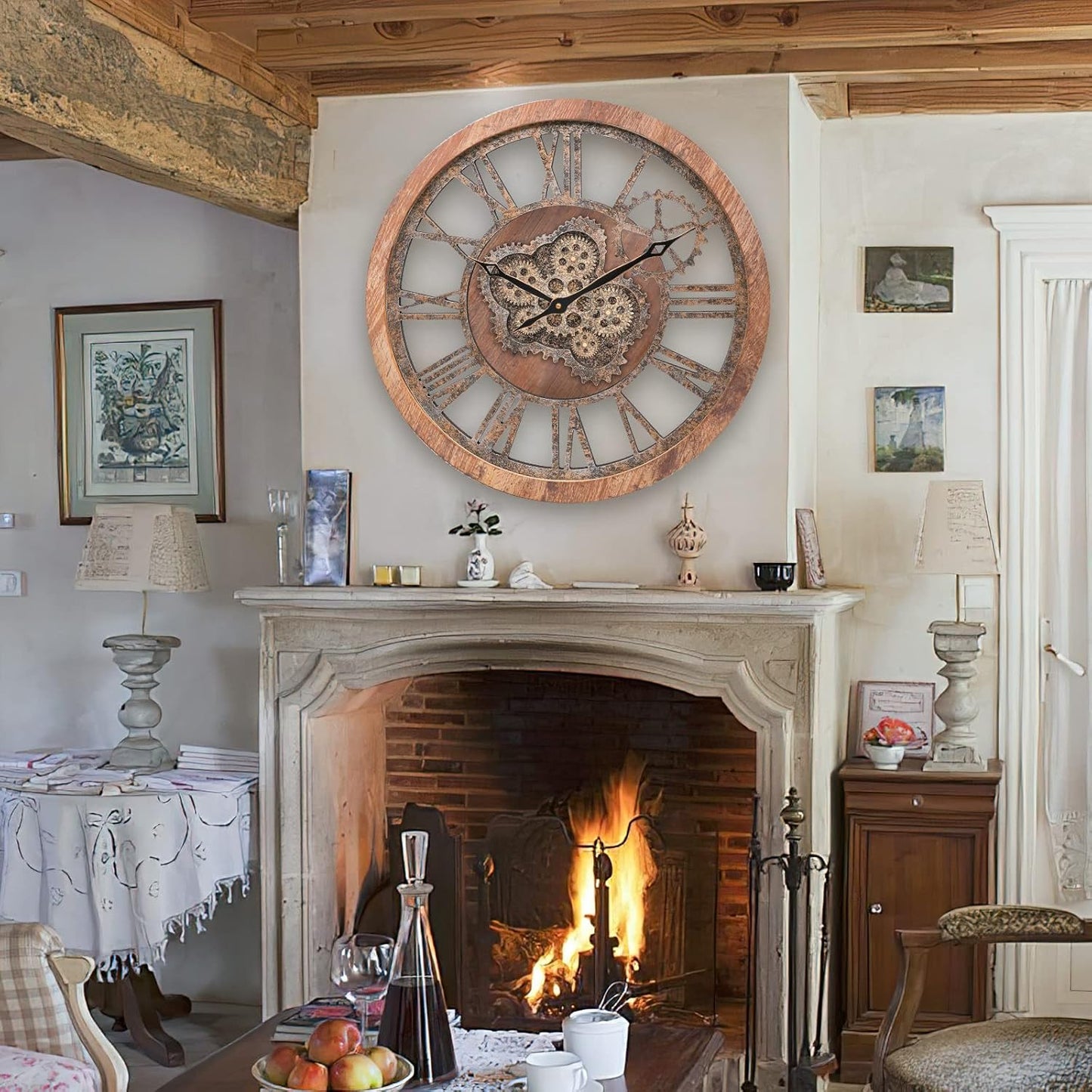 HOIBAI Large Wall Clock, Wall Clocks for Living Room Decor 20 Inch Farmhouse Vintage Rustic Kitchen Wall Decor Vintage Roman Oversized Wall Clock for Home Bedroom House, Moving Gears Clock