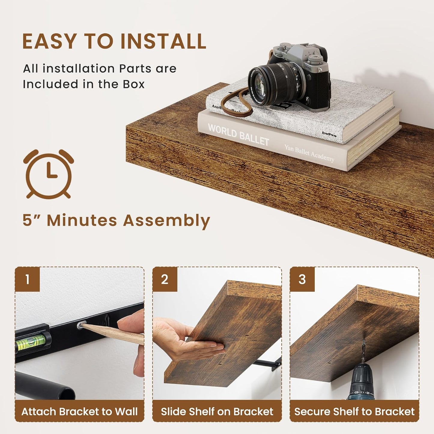 fuqing Floating Shelves for Wall, Bathroom Shelf Wall Mounted for Storage, Shelves with Invisible Bracket for Bedroom, Kitchen, Living Room, Farmhouse Small Book Shelf, 55 Inch Set of 2, Rustic Brown