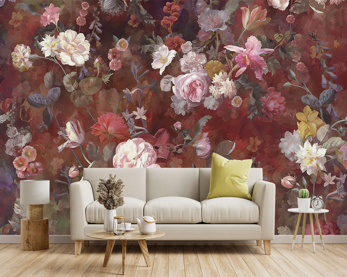 -Vintage Roses Floral Fabric Wallpaper Living Room Bedroom Bathroom Flowers Wall Mural- 91"x65"( not Peel and Stick)
