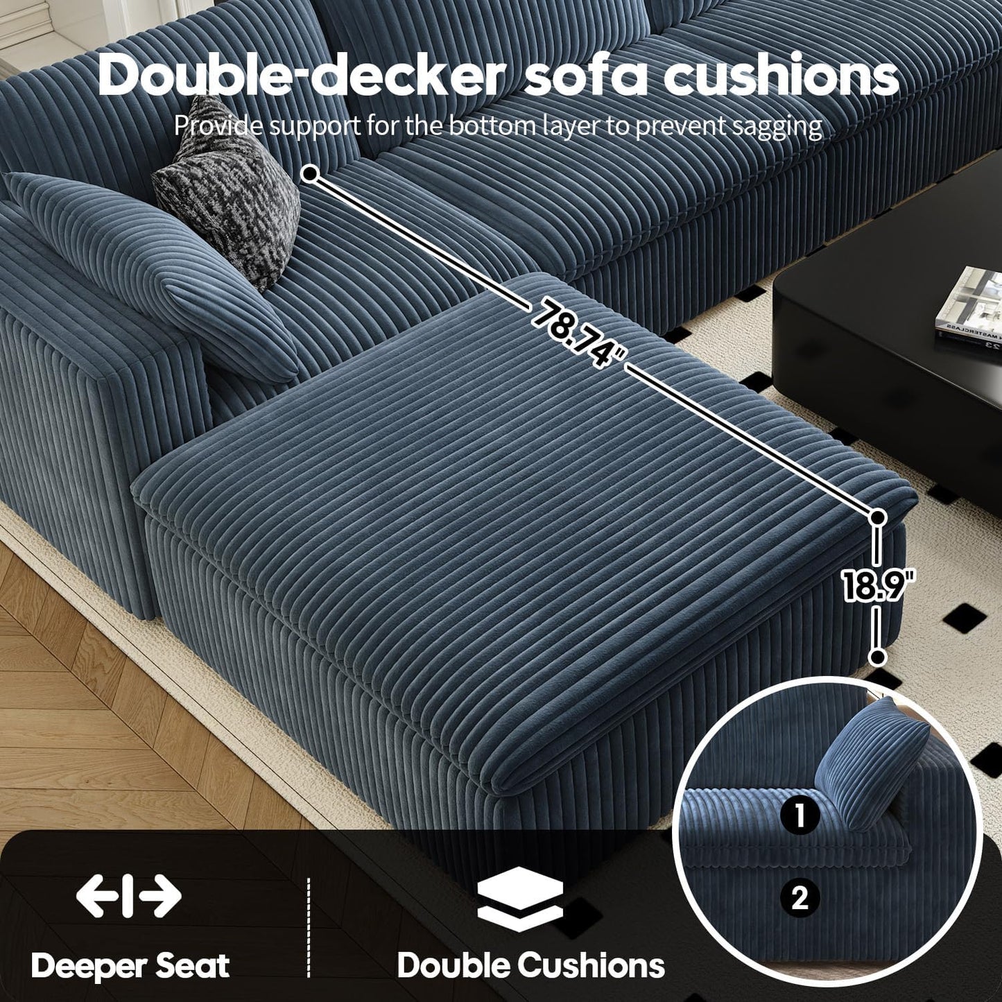 118" Cloud Couch Modular Sectional Sofa for Living Room,Modern Sofa with Deep Seat,L-Shape Boneless Couch with Ottoman,Comfy Upholstered Corduroy Couches for Apartment, Studio, Office,Bedroom,Blue