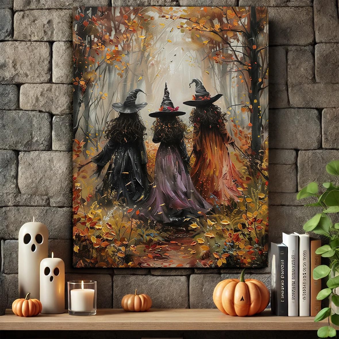 Vintage Three Witches In The Forest Painting Witch Print Witchy Canvas Print Halloween Wall Art Halloween Decor Witch Poster Dark Academia Gothic Room Decor for Bedroom 24x36in Large Frame Wall Art