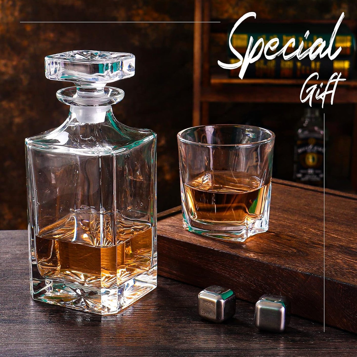 Glass Decanter with Airtight Geometric Stopper - Whiskey Decanter for Wine, Bourbon, Brandy, Liquor, Juice, Water, Mouthwash. Italian Lead-Free Glass (25.97 oz/768ml)