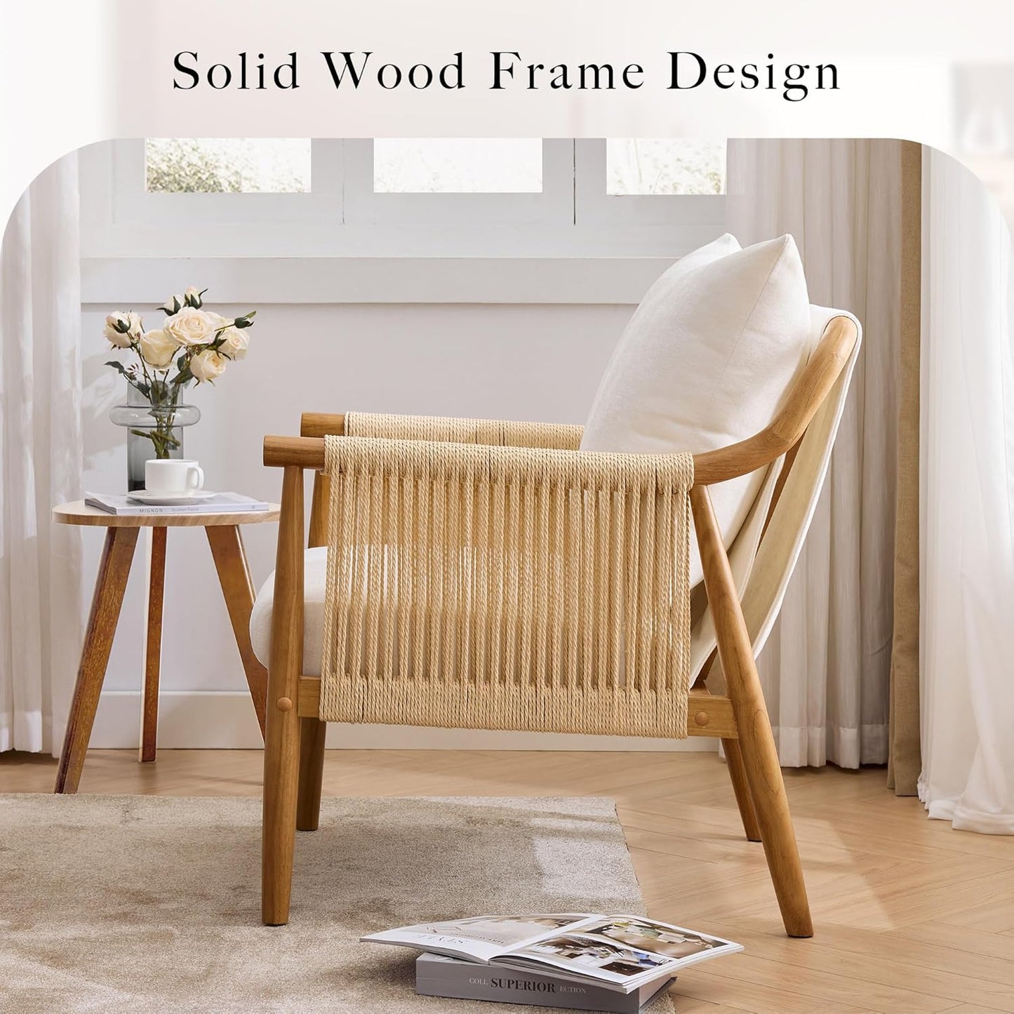 Braid Accent Chair for Living Room Bedroom Reading Room, Rattan Modern Boho Armchair with Solid Wooden Armrest & Frame and Cushions