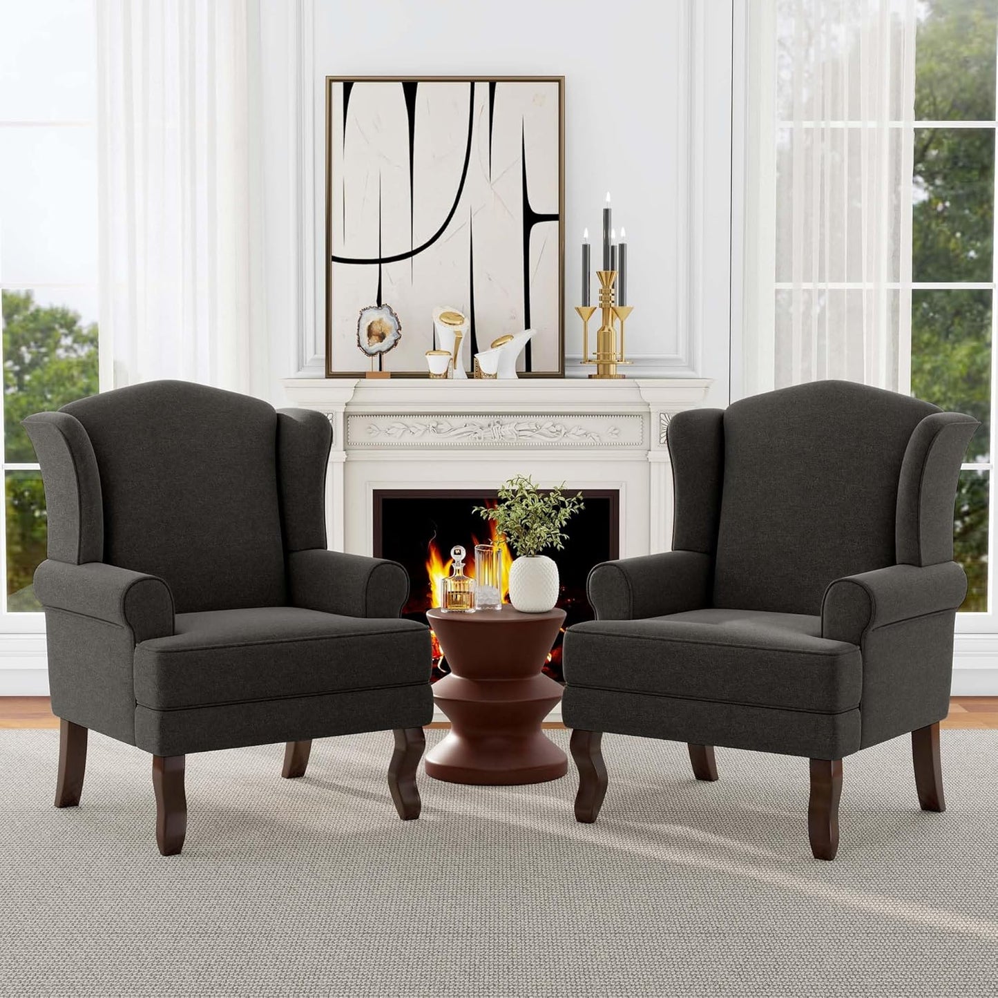 Accent Chair, High Back Upholstered Armchair with High Resilience Sponge & Wood Legs, Mid-Century Modern Comfy Single Sofa Reading Chairs for Living Room, Bedroom (Dark Grey, Set of 1)