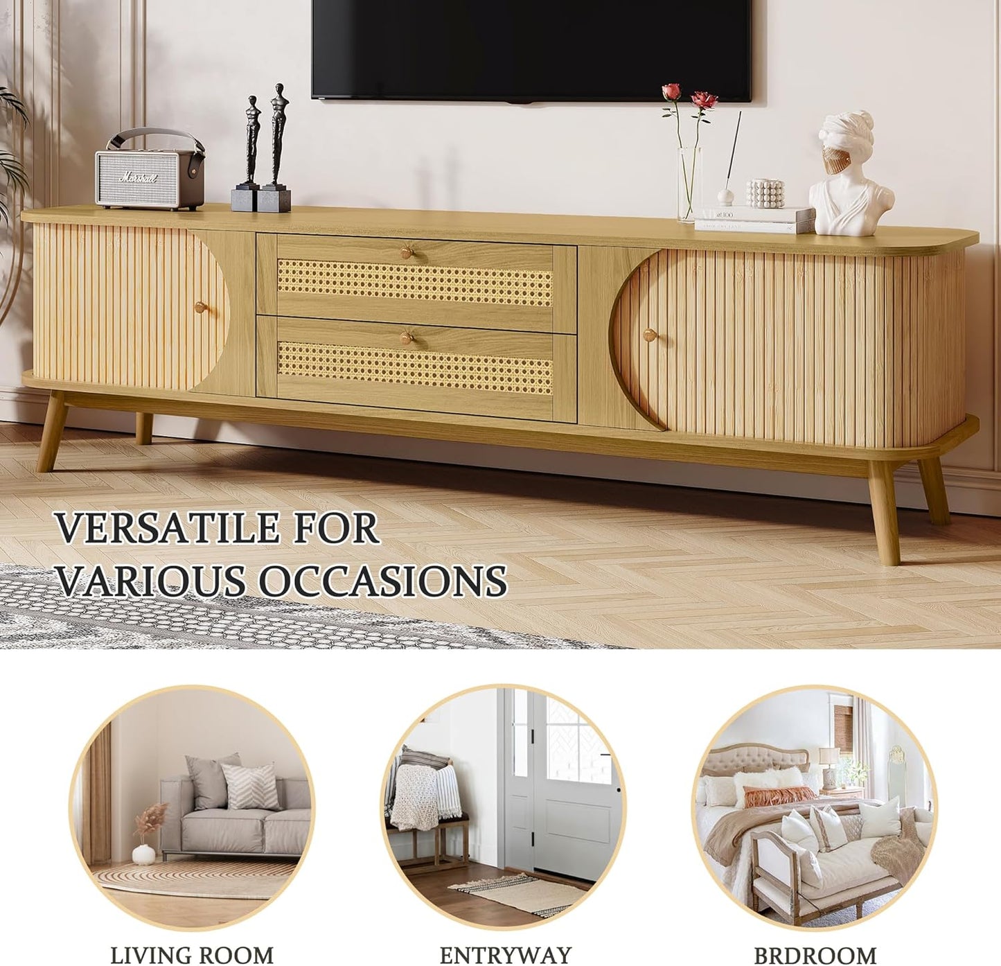 Merax Modern Fluted TV Stand for 75" TVs, Mid-Century Entertainment Center Tambour Door Media Console TV Cabinet with Rattan-Front Drawer for Living Room, Curved Profile Design